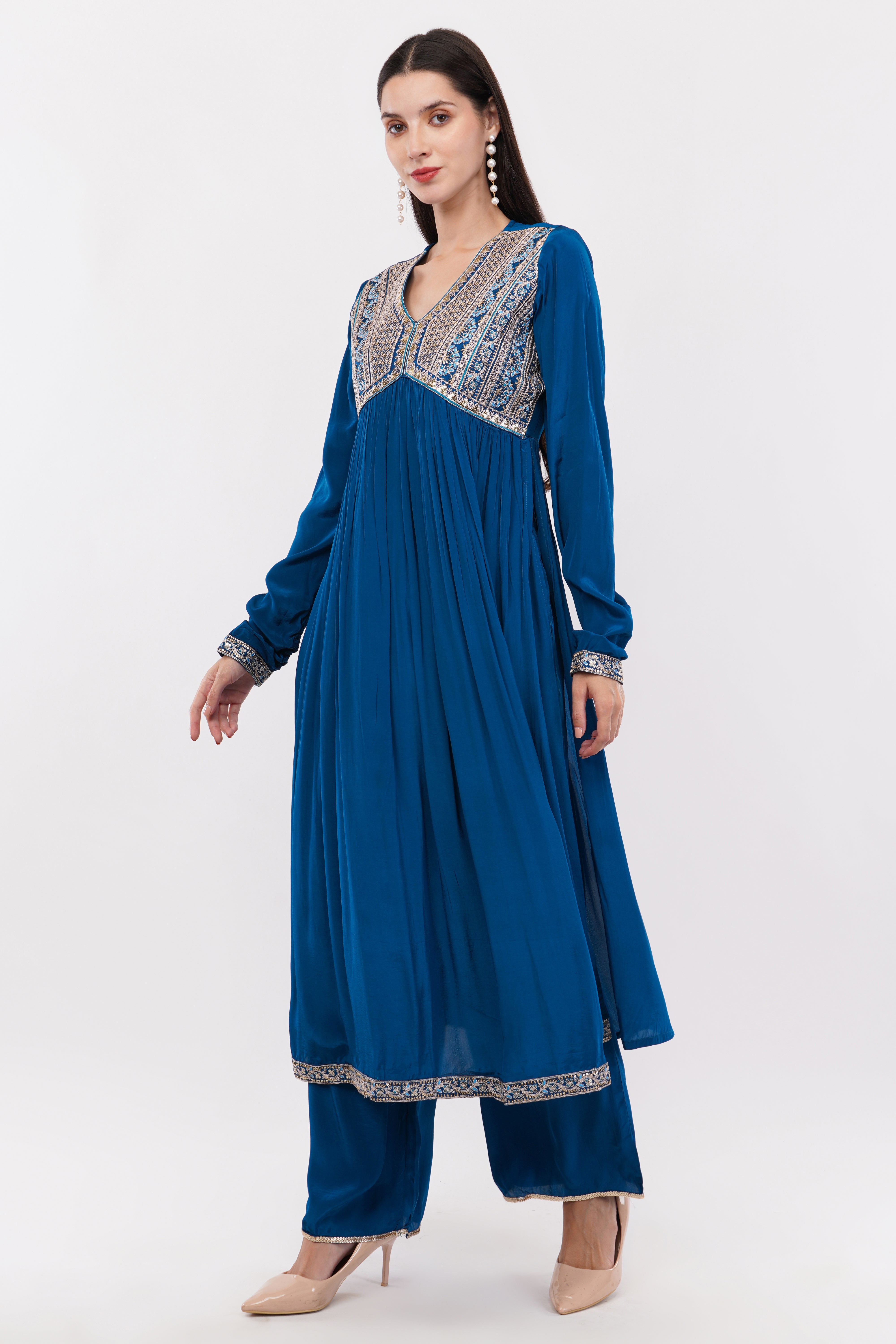 Blue Kurta & Bottom Natural Crepe Dupatta Organza Flared Anarkali Suit Anarkali - Set Of 3