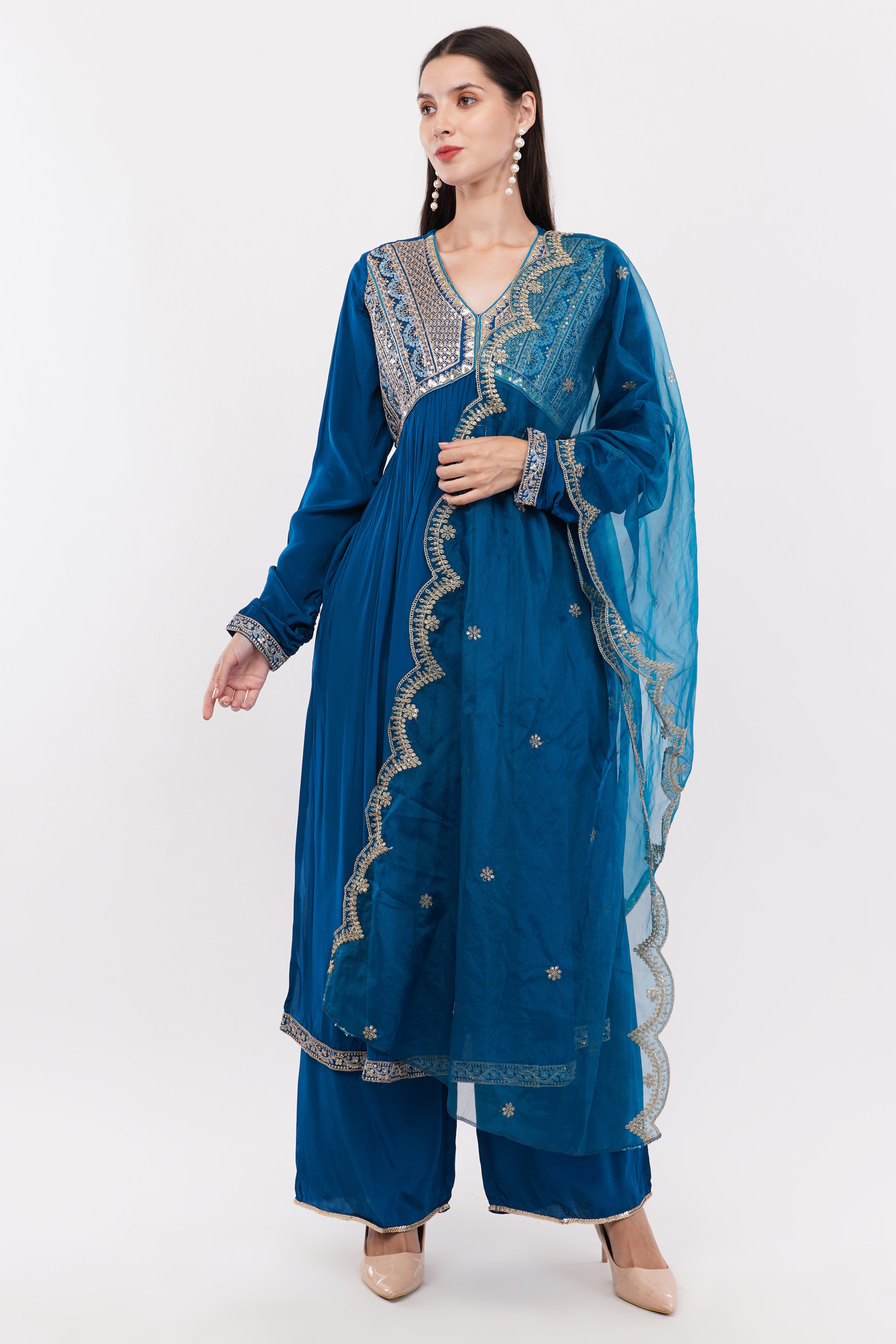 Blue Kurta & Bottom Natural Crepe Dupatta Organza Flared Anarkali Suit Anarkali - Set Of 3