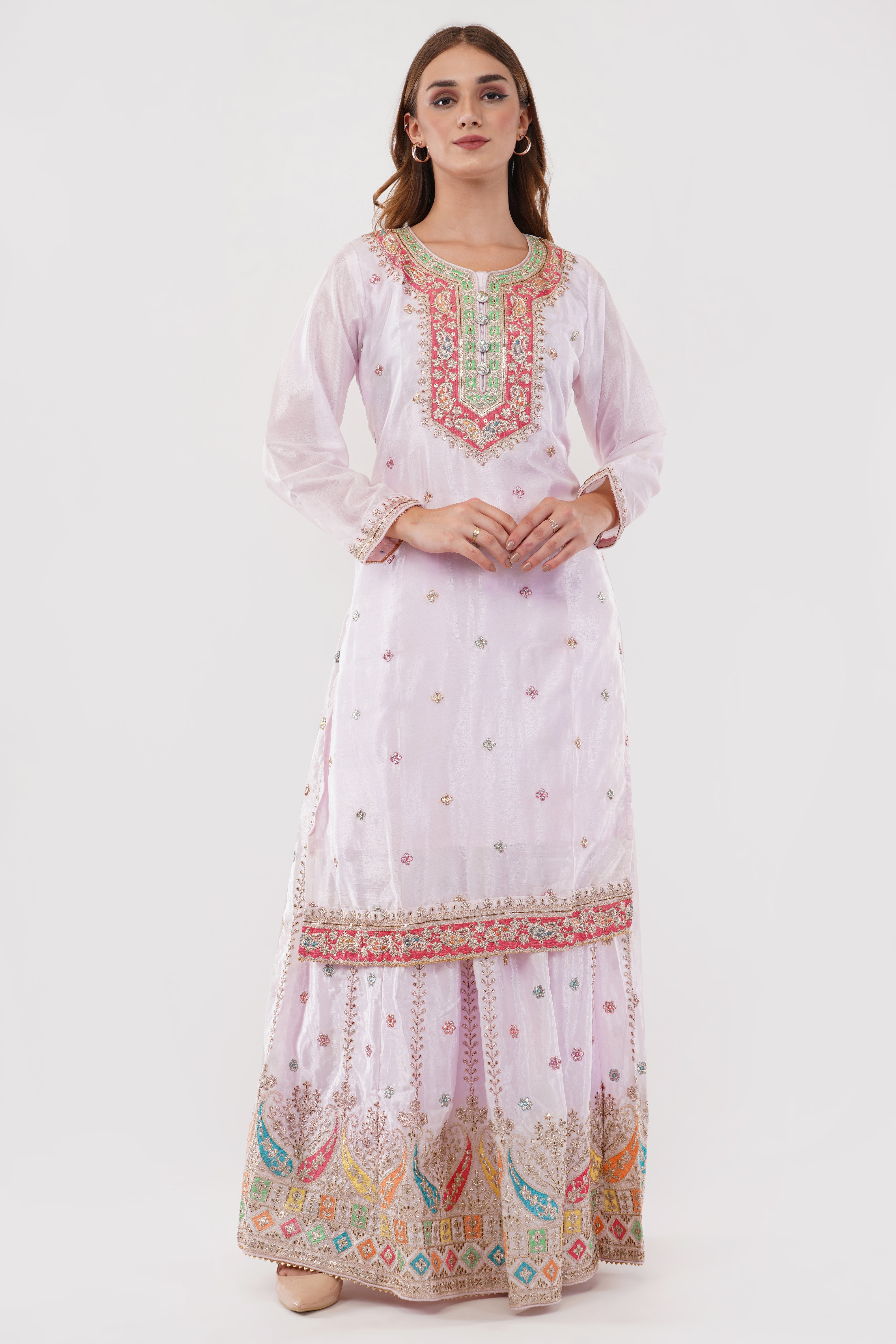 Lilac Embroidered Anarkali Gown Set - Set Of 3