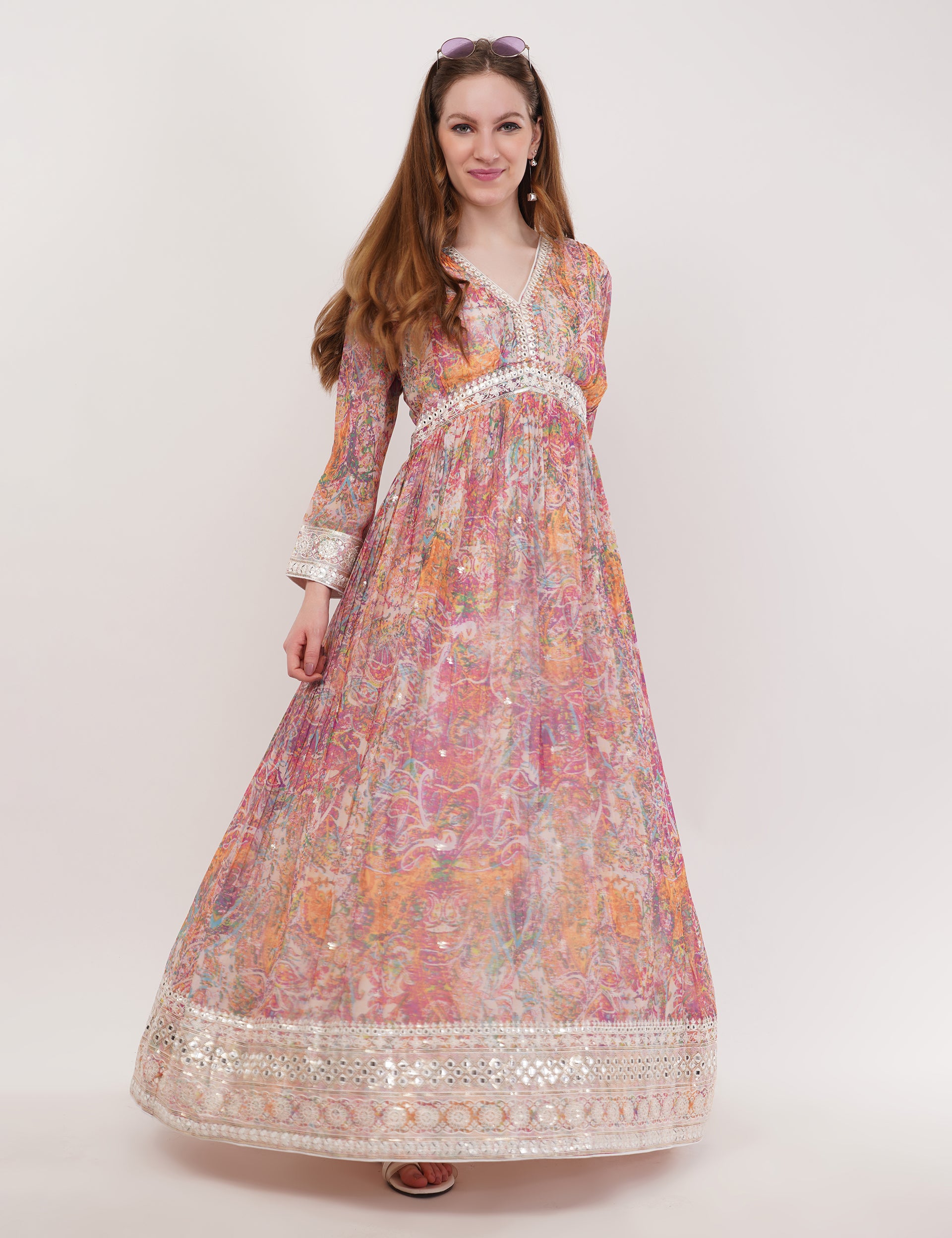 Multi-Color Printed Anarkali Set With Slit & Dupatta - Set Of 3