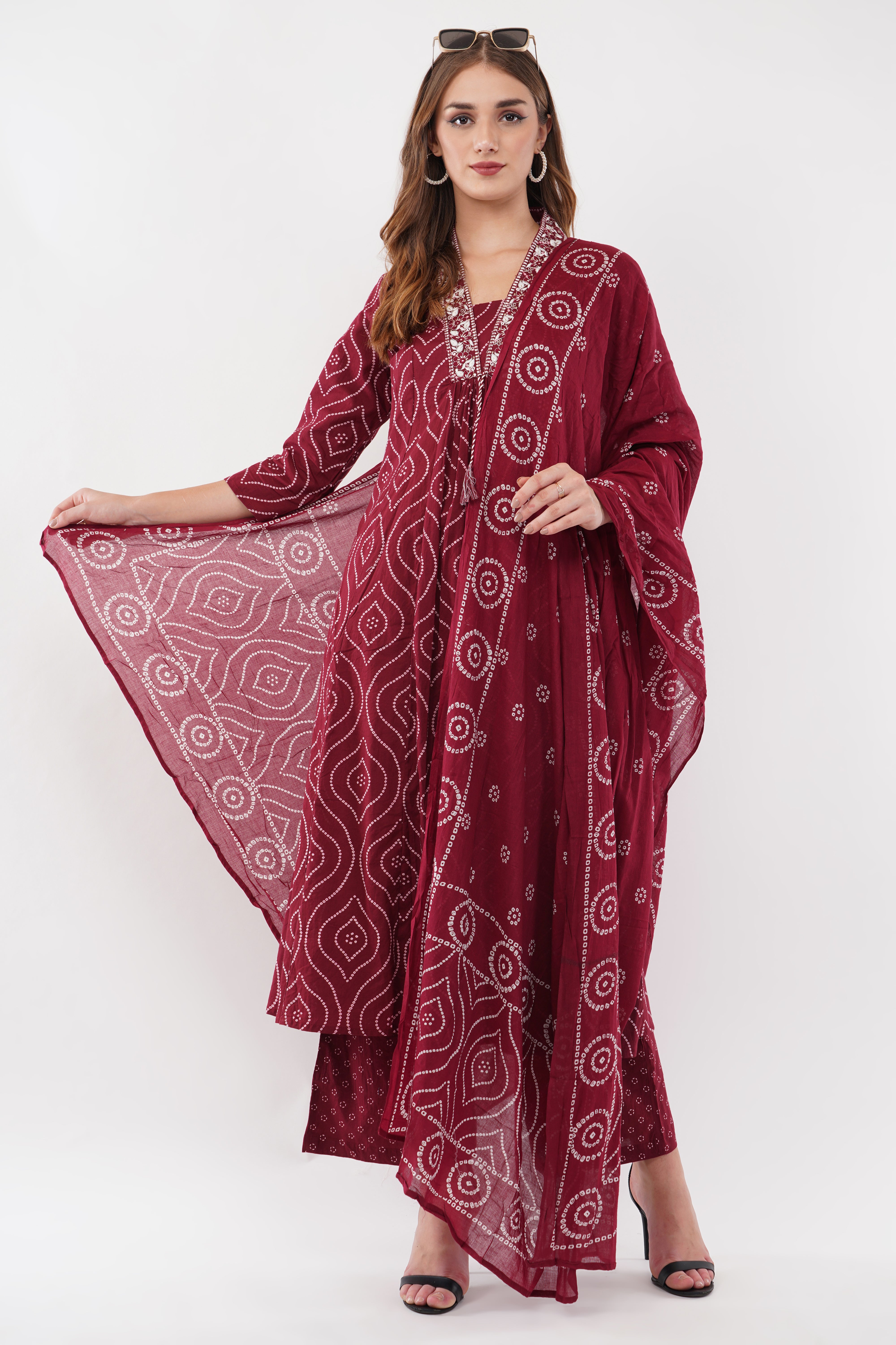 Maroon Pure Cotton Printed Cotton Anarkali Set - Set Of 3