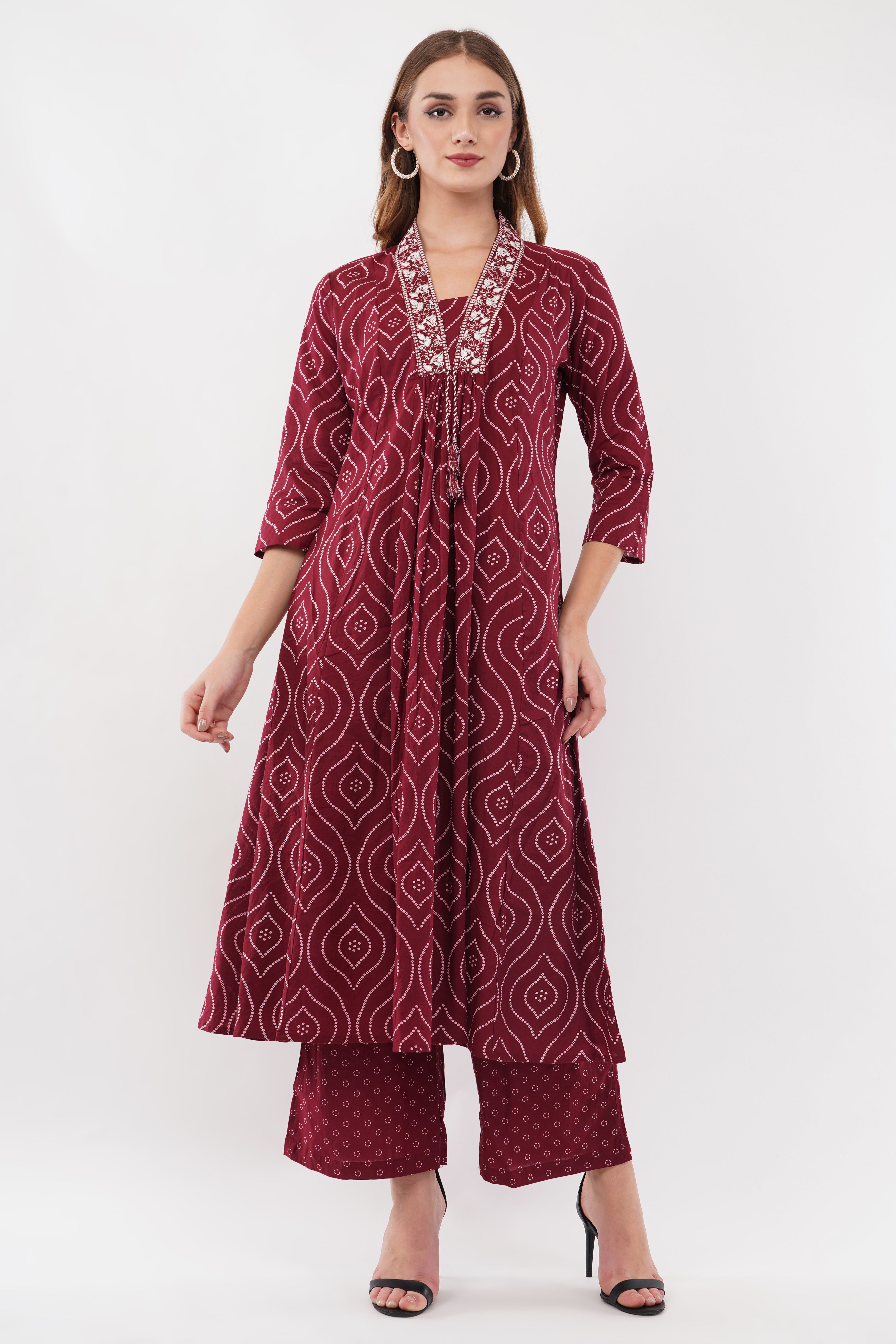 Maroon Pure Cotton Printed Cotton Anarkali Set - Set Of 3