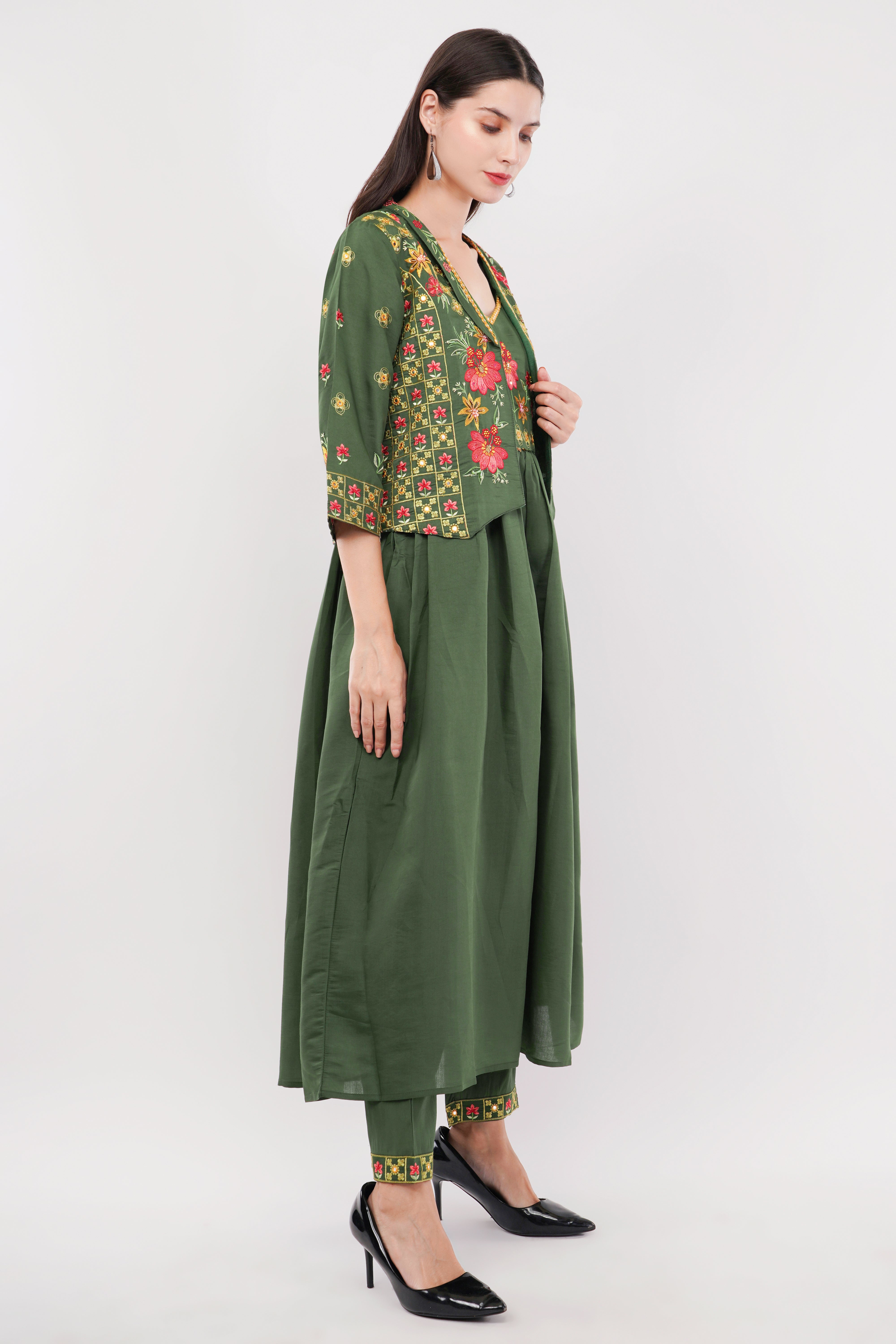 Olive Green Viscose Silk Anarkali Set With Jacket Anarkali - Set Of 3