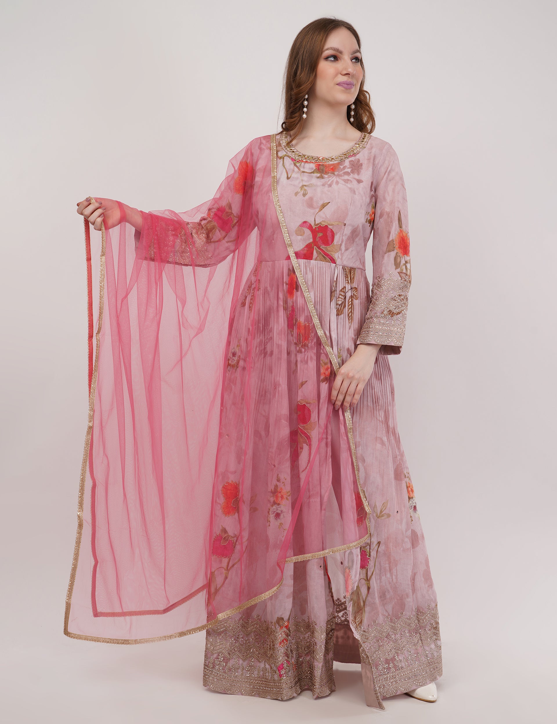 Peach Printed Anarkali Set With Slit & Dupatta - Set Of 3