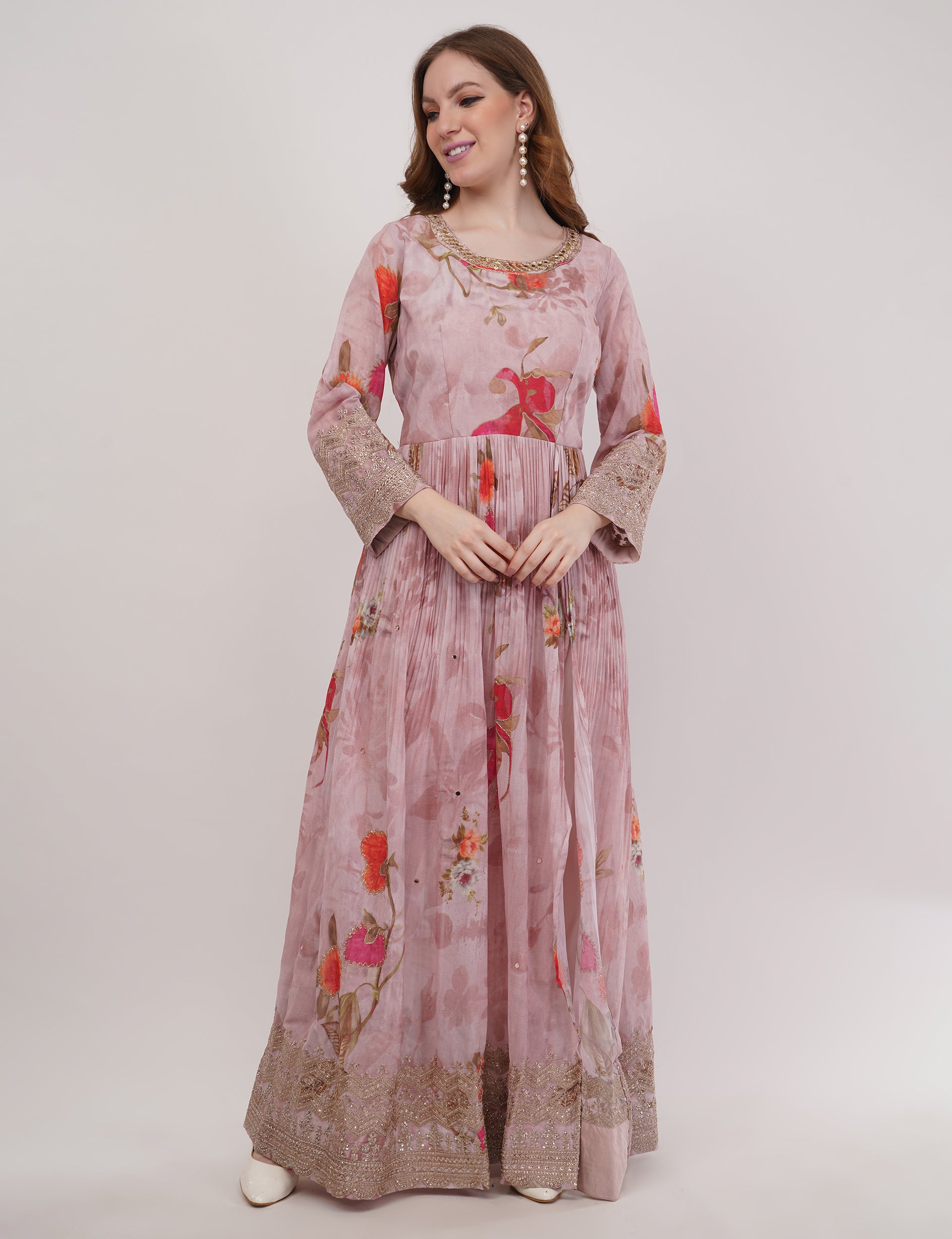 Peach Printed Anarkali Set With Slit & Dupatta - Set Of 3