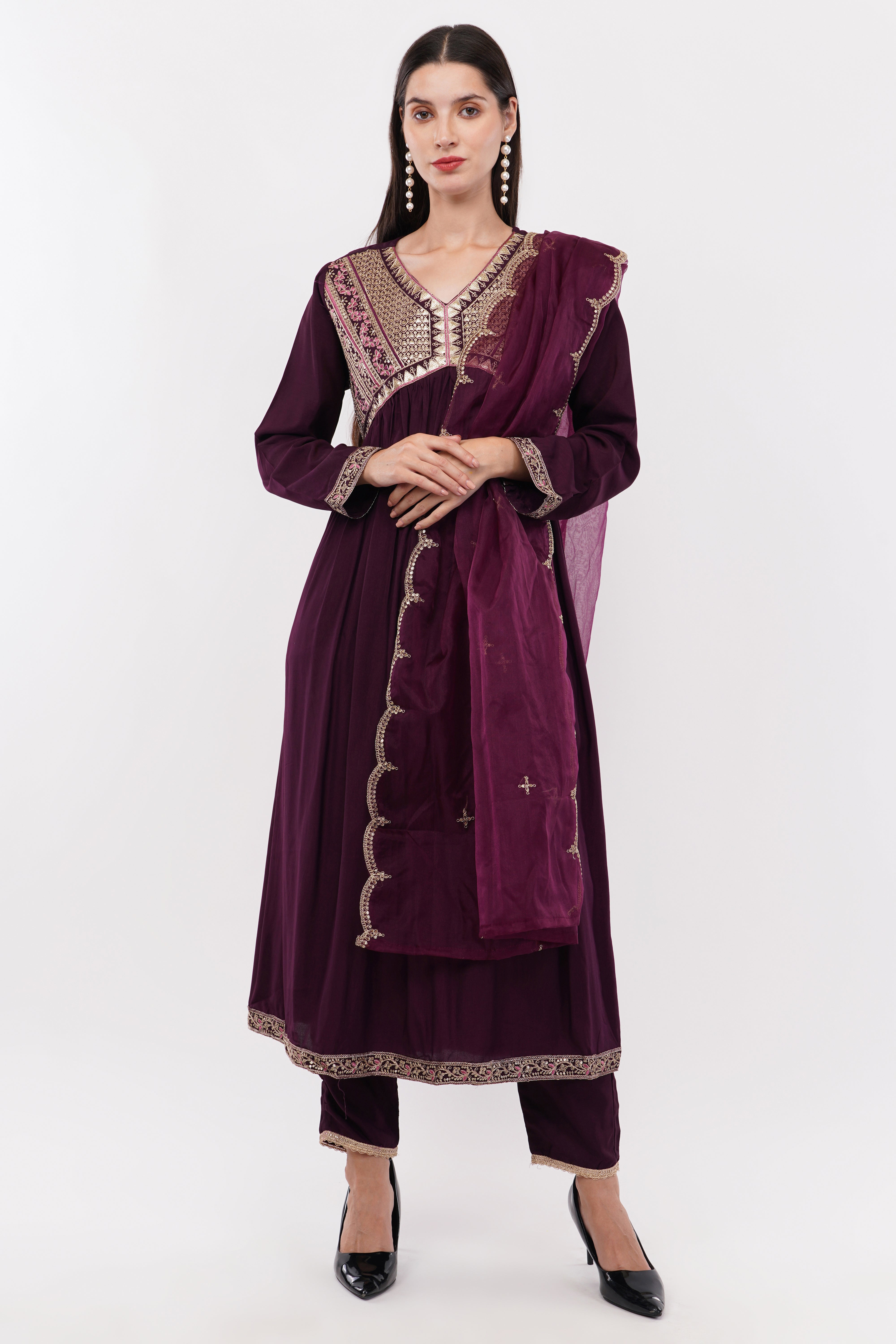 Purple Kurta & Bottom Natural Crepe Dupatta Organza Anarkali Suit Set With Aliya Cut - Set Of 3