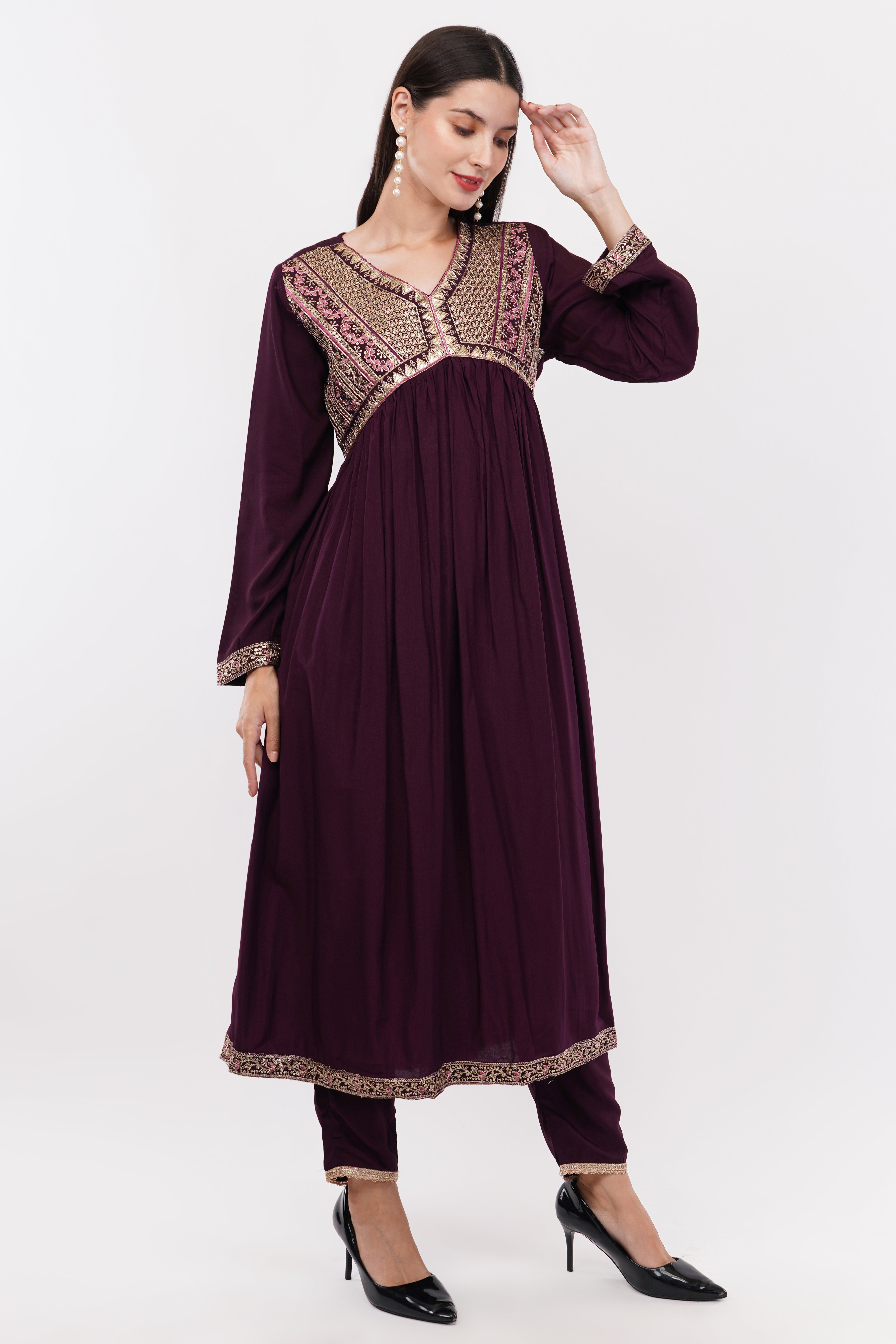 Purple Kurta & Bottom Natural Crepe Dupatta Organza Anarkali Suit Set With Aliya Cut - Set Of 3