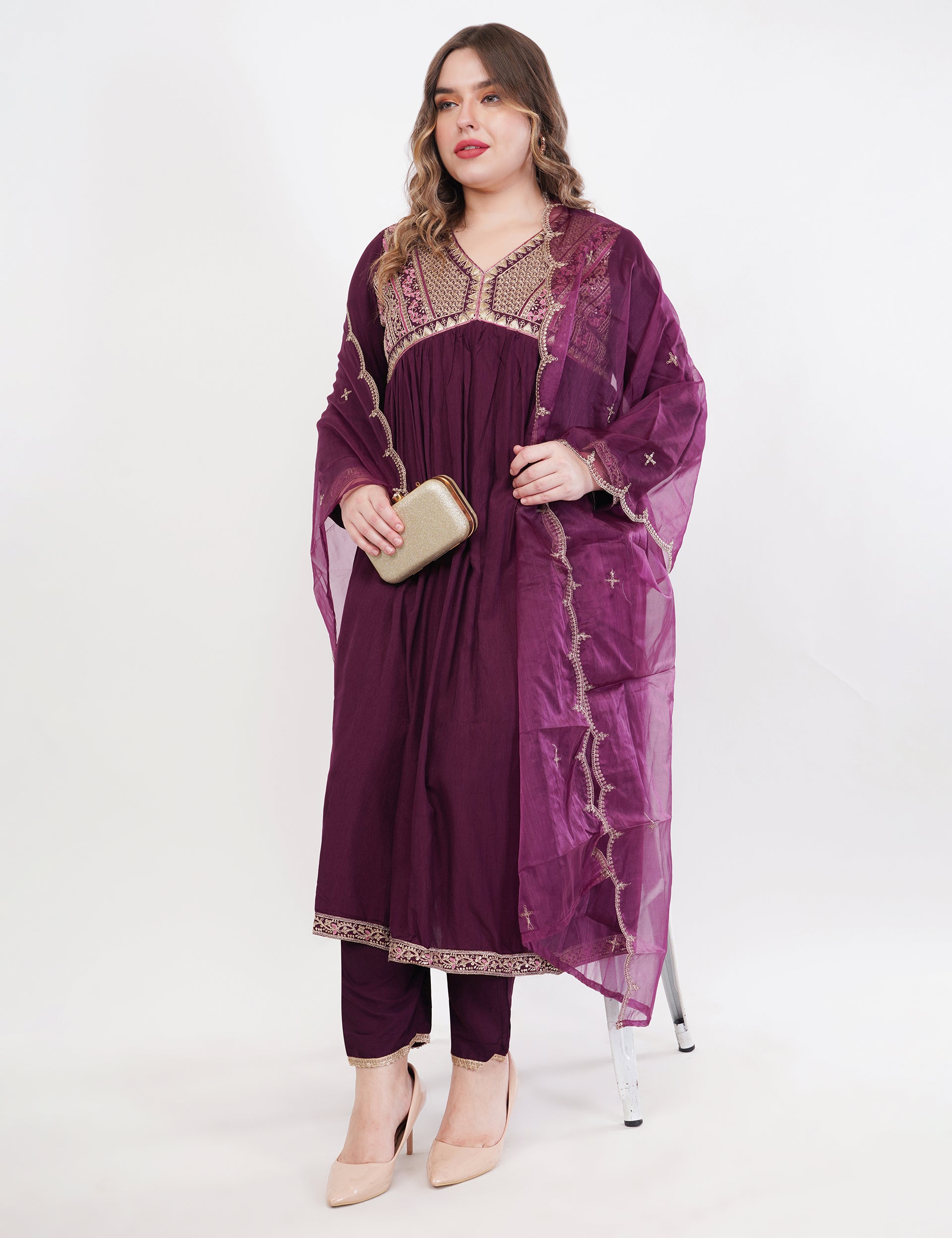 Purple Kurta & Bottom Natural Crepe Dupatta Organza Anarkali Suit Set With Aliya Cut - Set Of 3