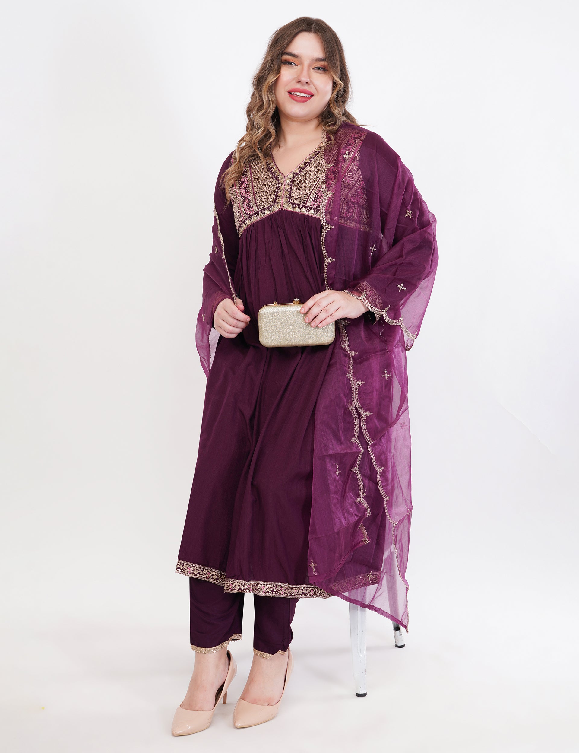 Purple Kurta & Bottom Natural Crepe Dupatta Organza Anarkali Suit Set With Aliya Cut - Set Of 3