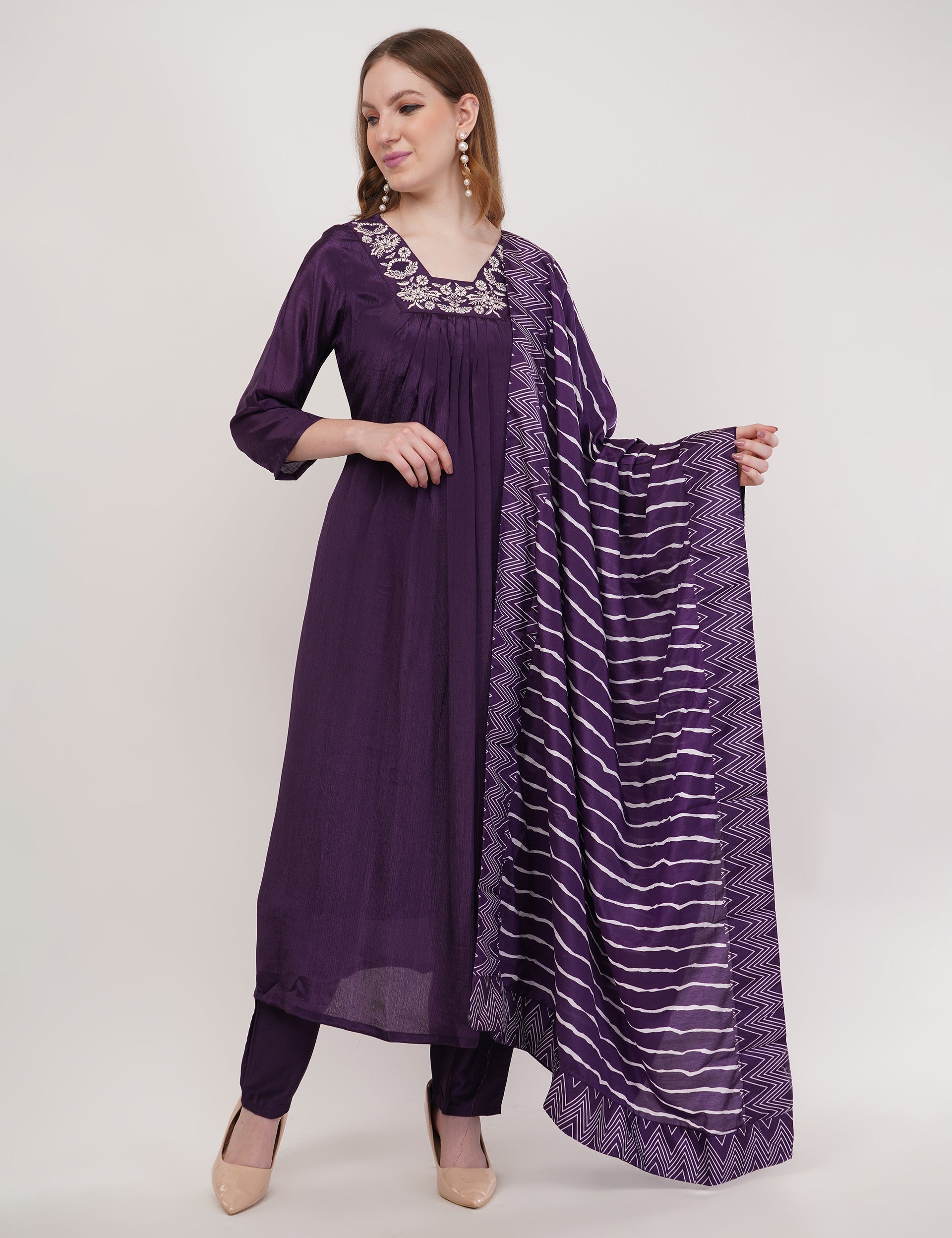 Purple Viscose With Printed Dupatta - Set Of 3