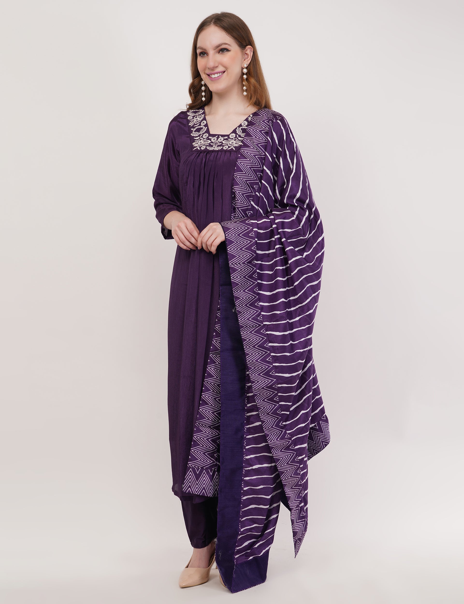 Purple Viscose With Printed Dupatta - Set Of 3