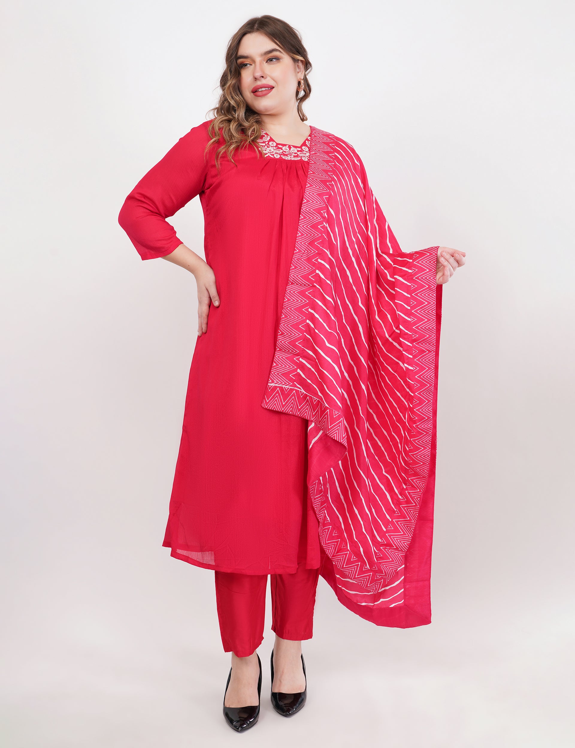 Red Viscose With Printed Dupatta - Set Of 3