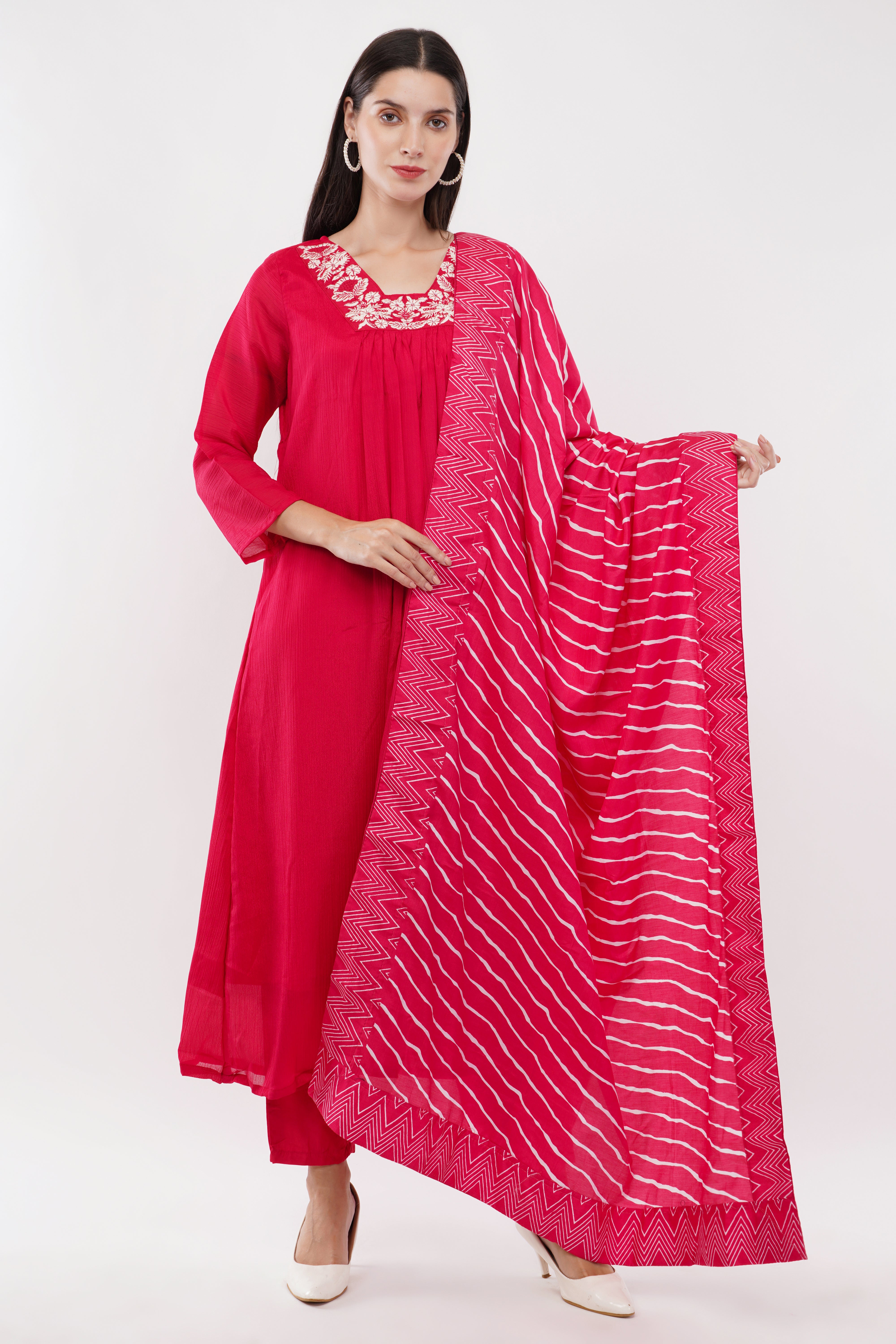 Red Viscose With Printed Dupatta - Set Of 3