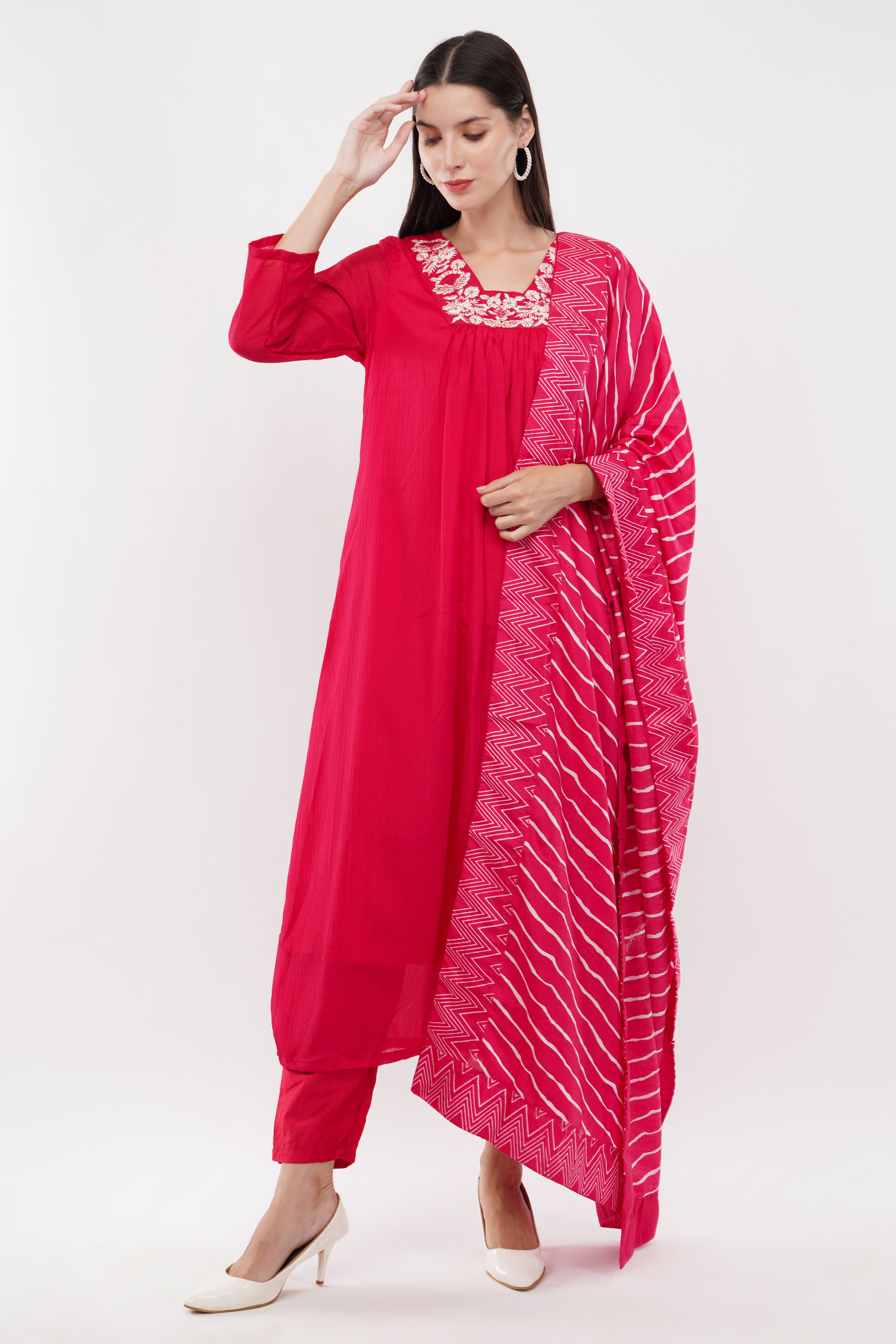 Red Viscose With Printed Dupatta - Set Of 3