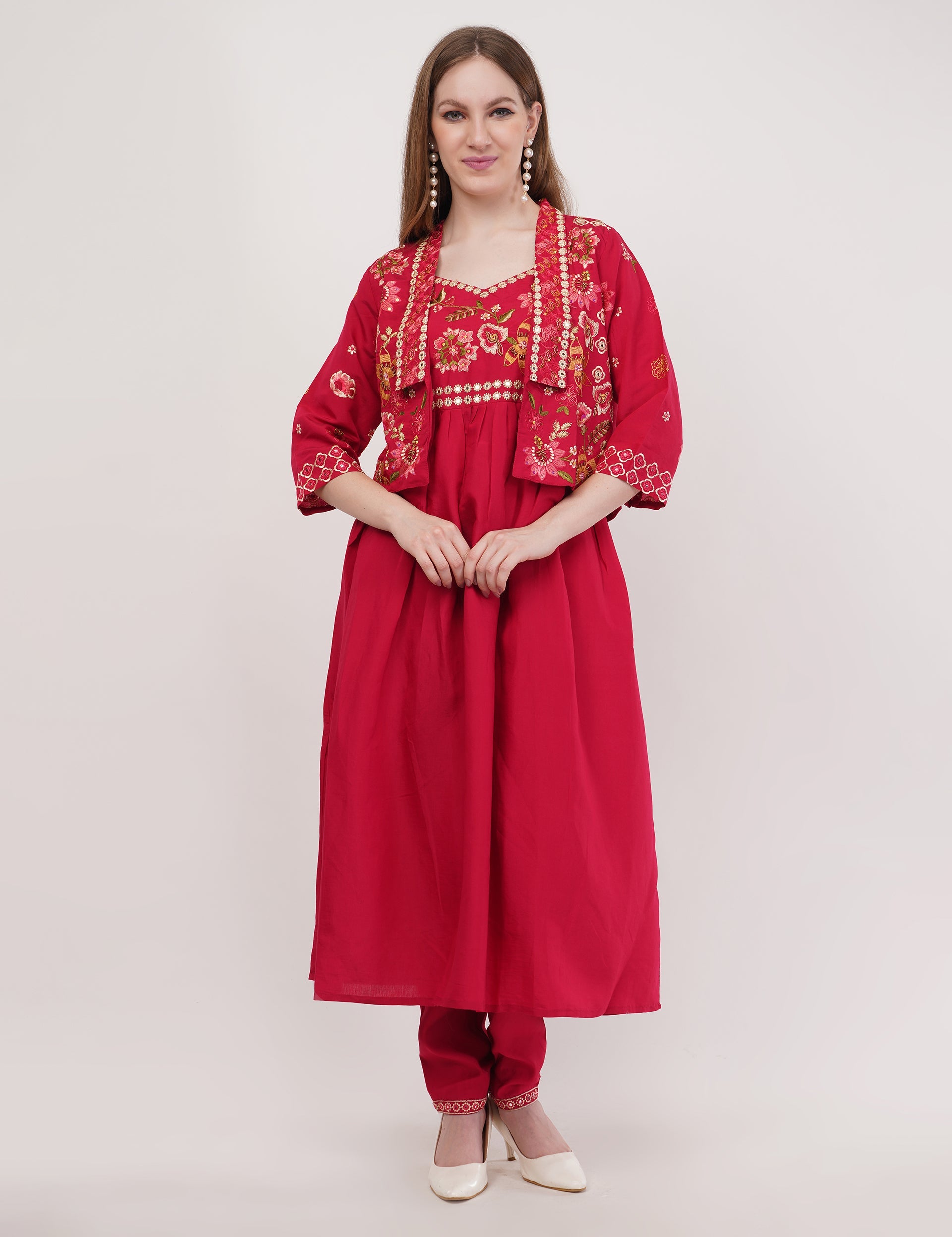 Red Viscose Silk Anarkali Set With Jacket Anarkali - Set Of 3