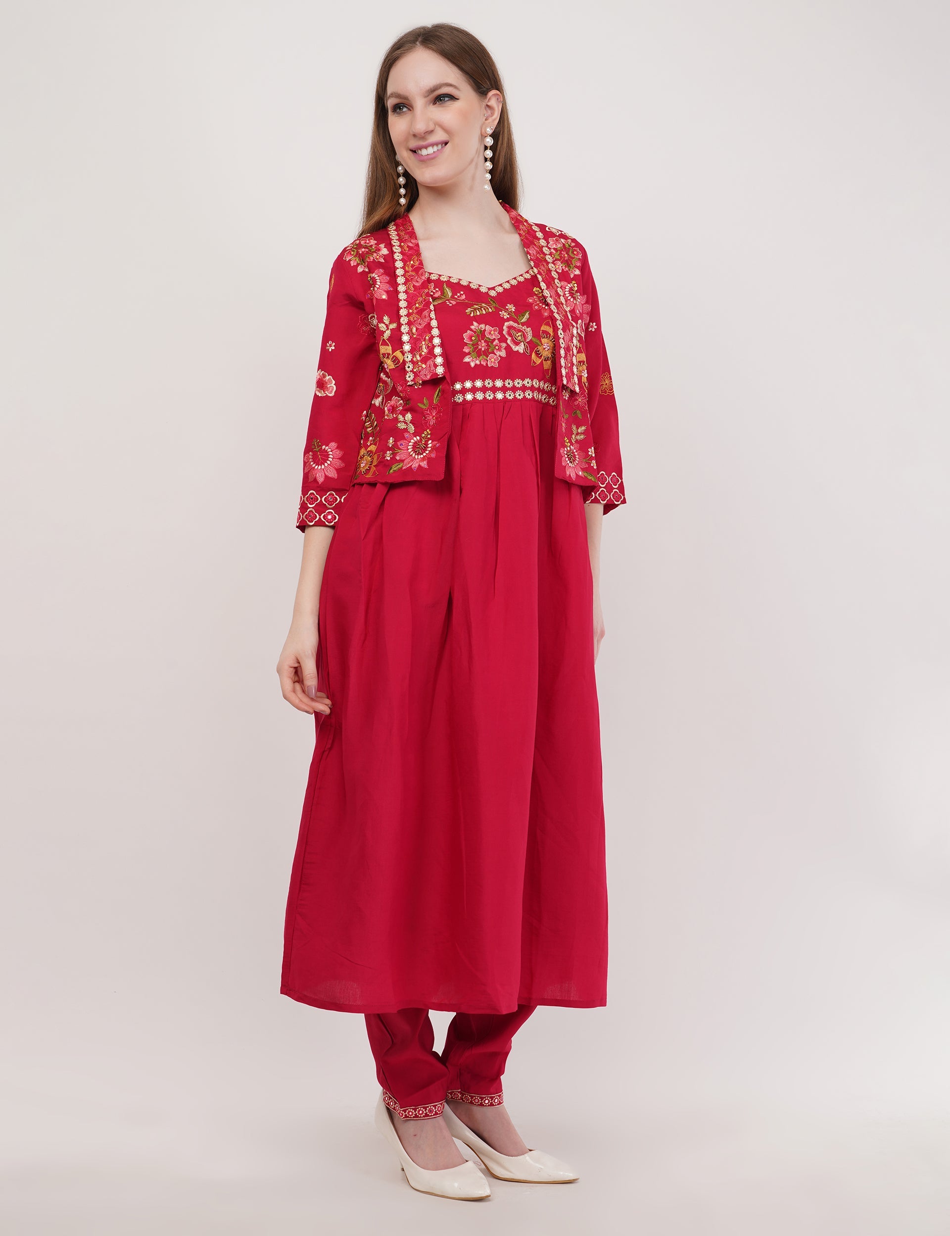 Red Viscose Silk Anarkali Set With Jacket Anarkali - Set Of 3