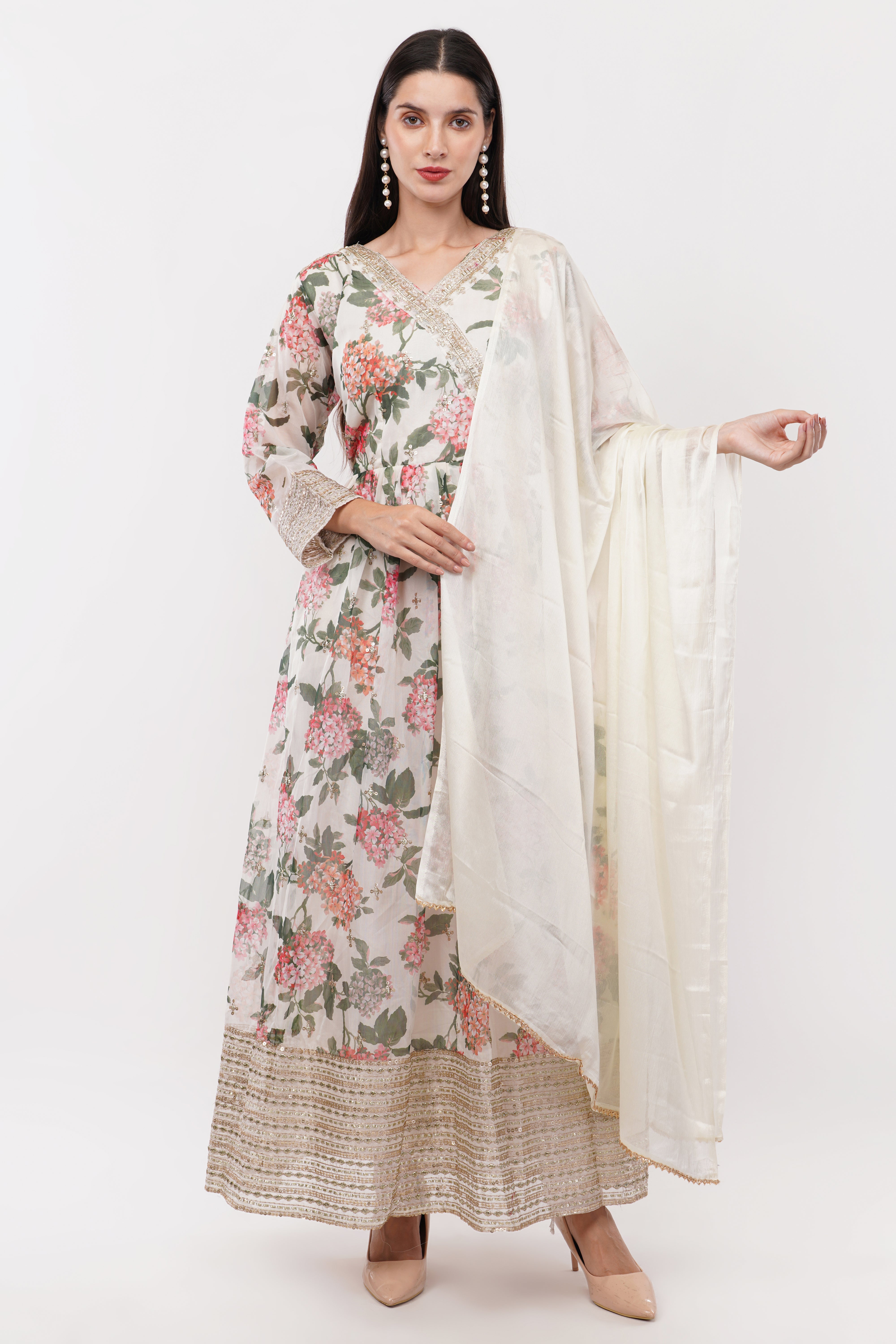 Off White Printed Anarkali Gown Set - Set Of 3