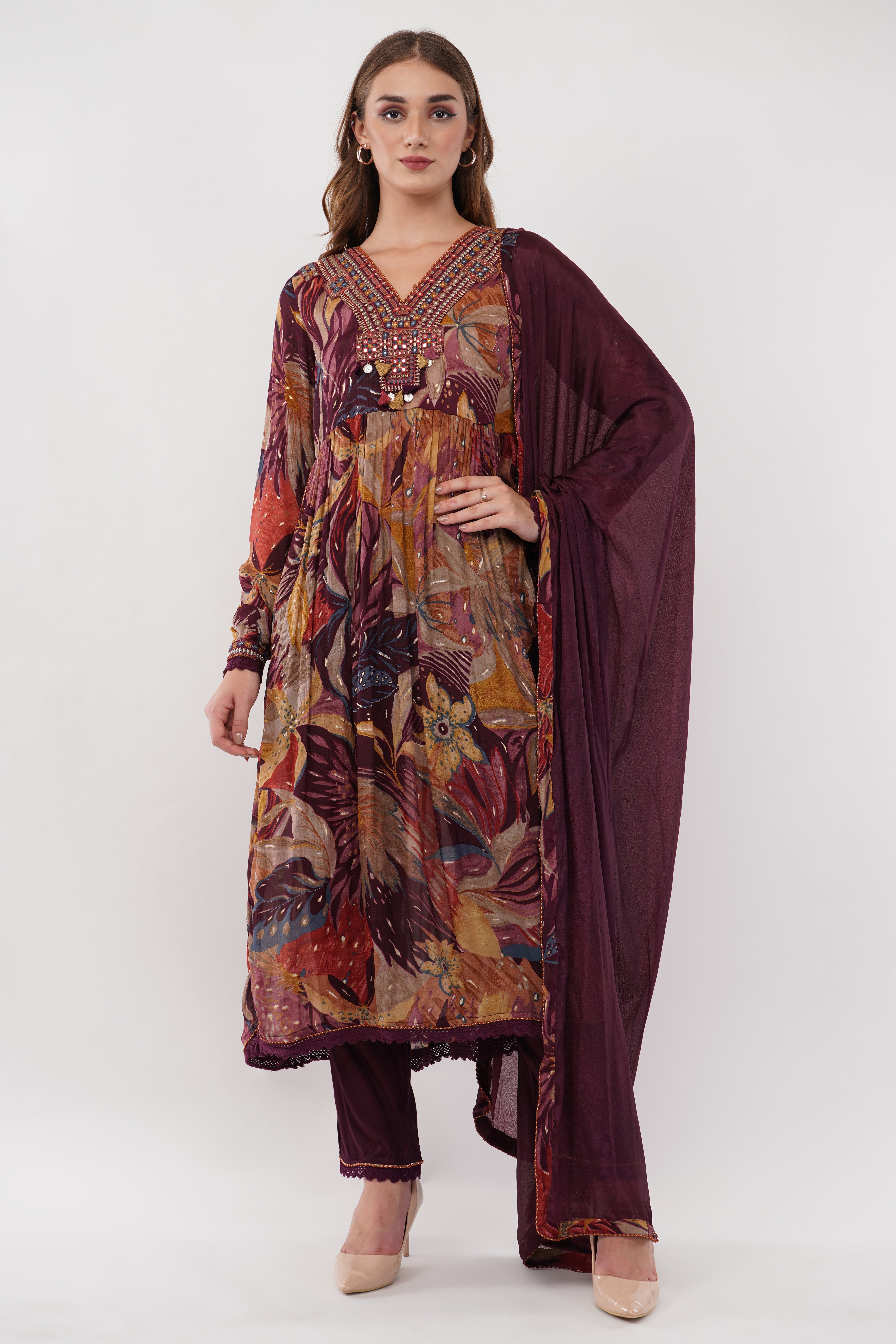 Wine Pure Chinon Chiffon Digital Printed With Chiffon Dupatta Anarkali - Set Of 3