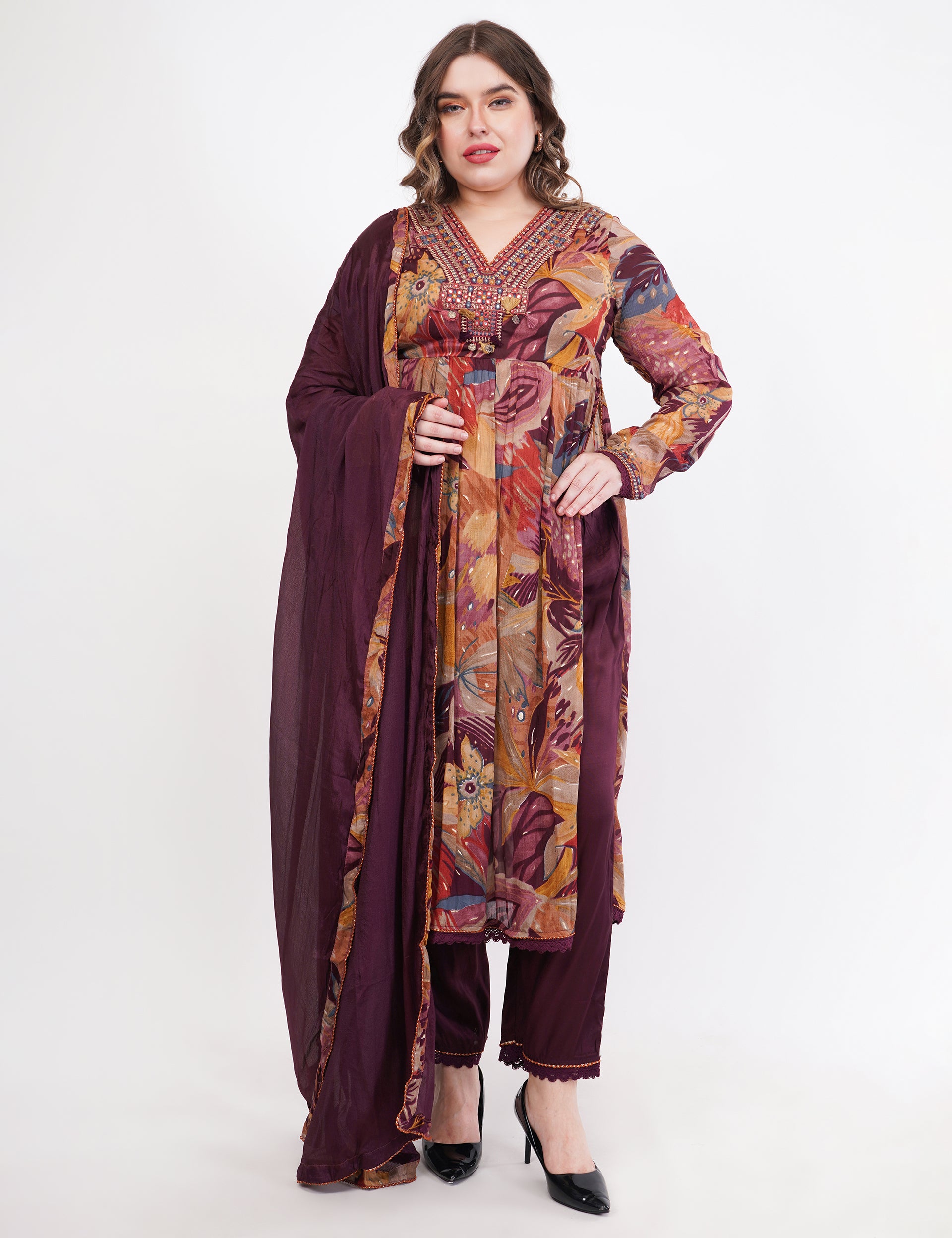 Wine Pure Chinon Chiffon Digital Printed With Chiffon Dupatta Anarkali - Set Of 3