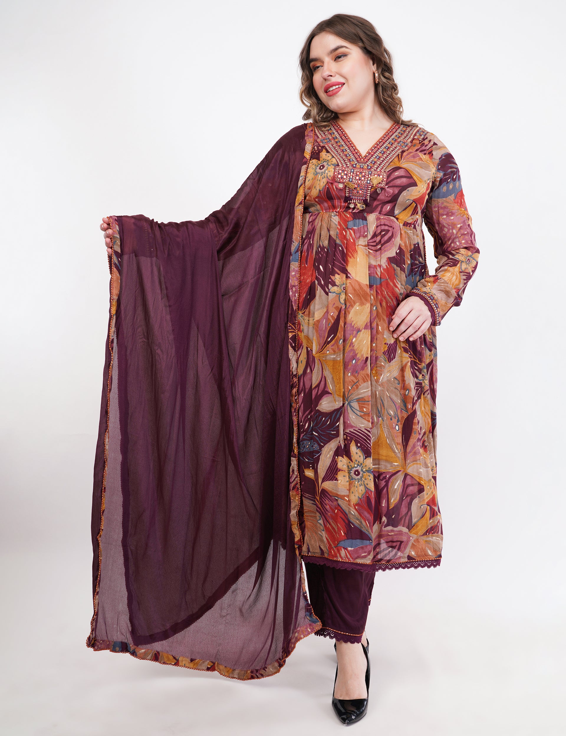 Wine Pure Chinon Chiffon Digital Printed With Chiffon Dupatta Anarkali - Set Of 3