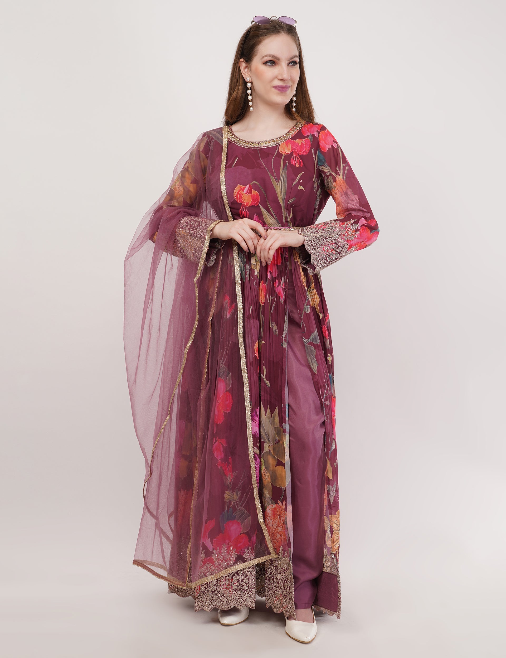 Wine Printed Anarkali Set With Slit & Dupatta - Set Of 3