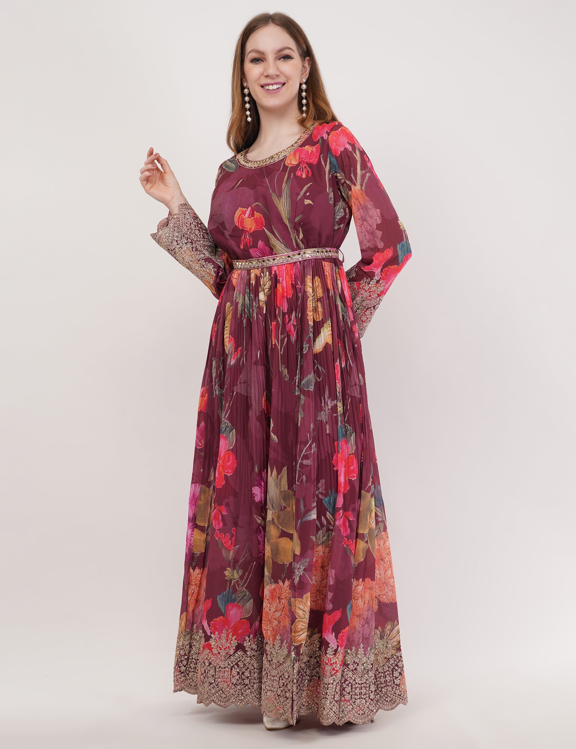 Wine Printed Anarkali Set With Slit & Dupatta - Set Of 3