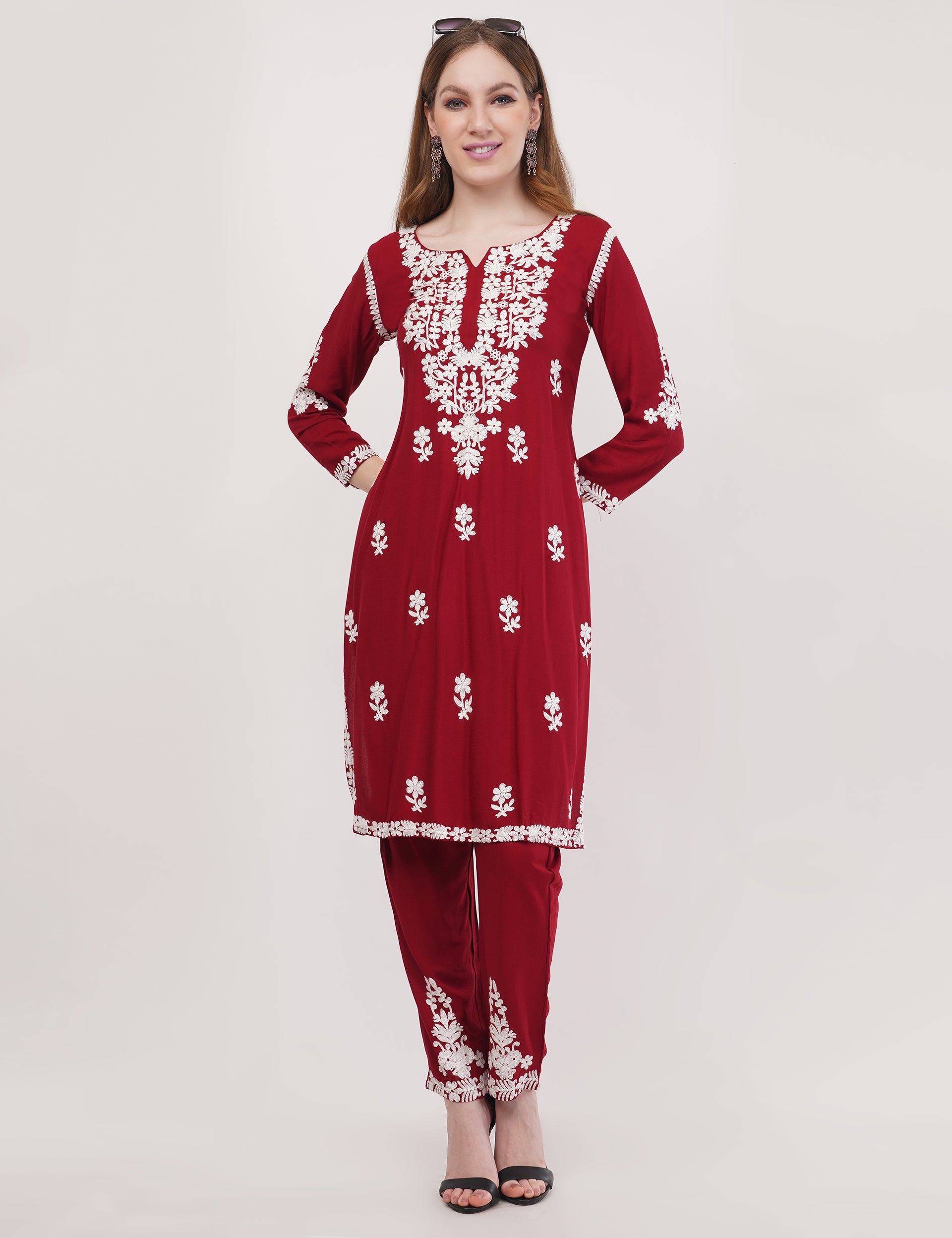 Maroon Ethnic Kurti Co-Ord Set With White Embroidery - Set Of 2