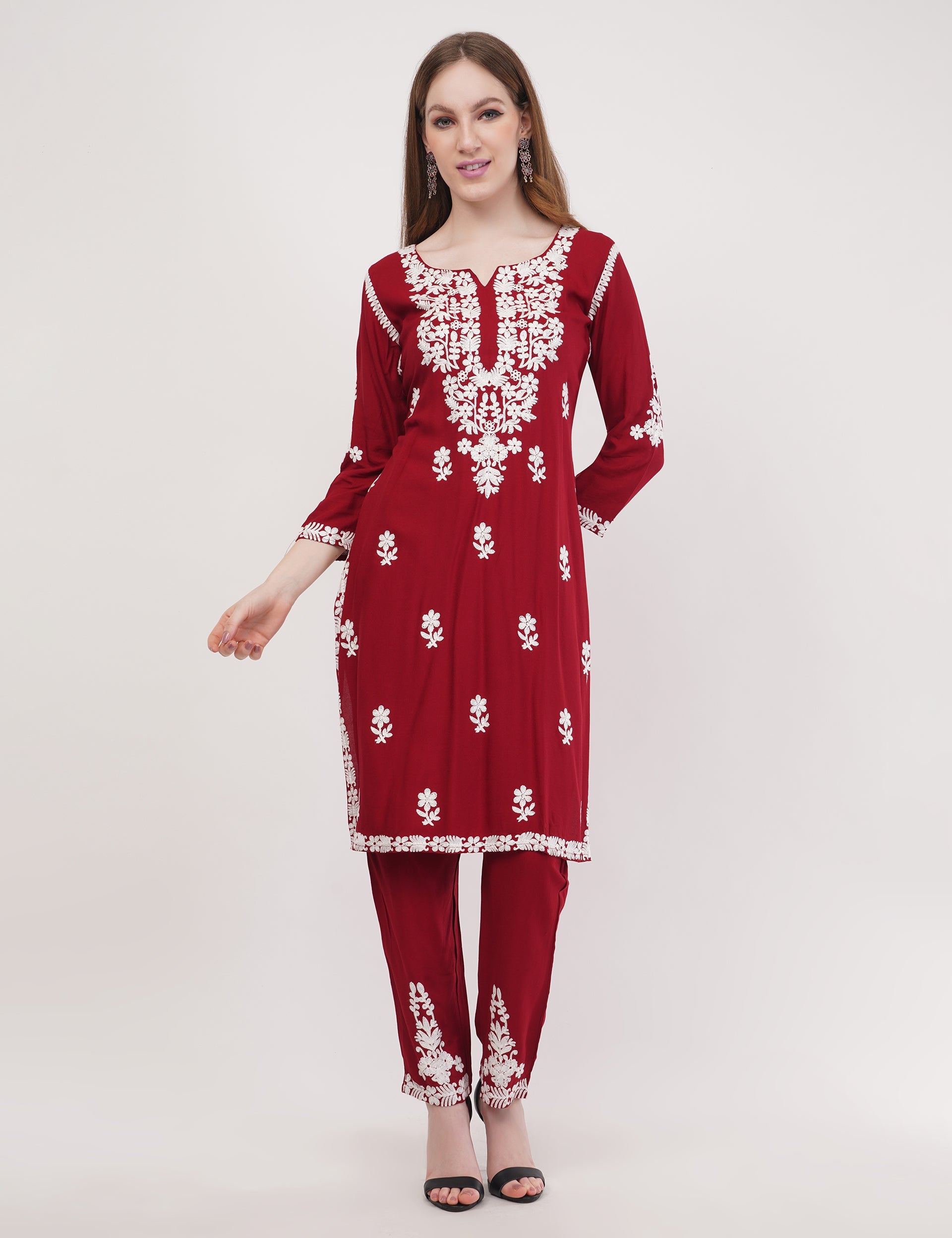 Maroon Ethnic Kurti Co-Ord Set With White Embroidery - Set Of 2