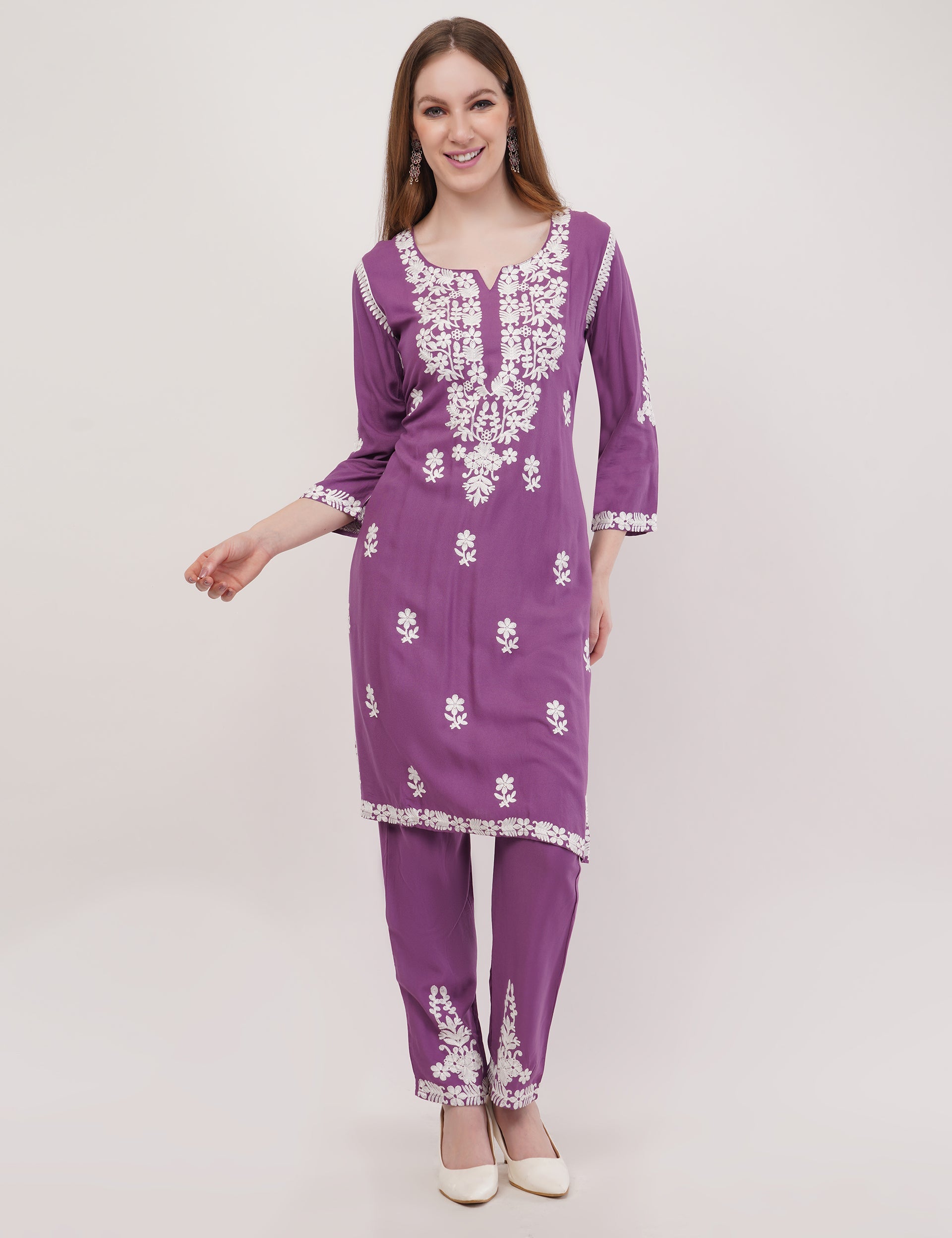 Purple Ethnic Kurti Co-Ord Set With White Embroidery - Set Of 2