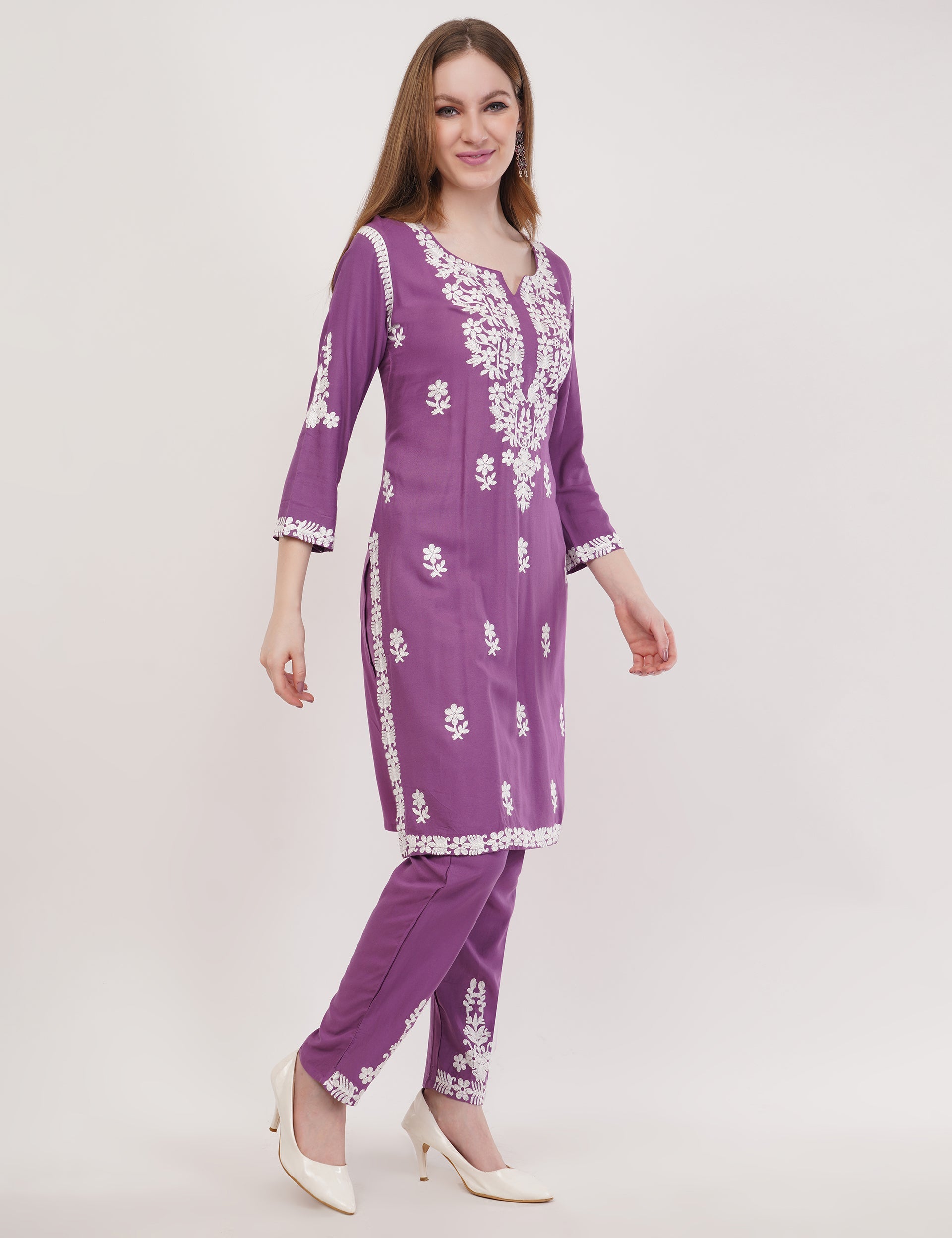 Purple Ethnic Kurti Co-Ord Set With White Embroidery - Set Of 3