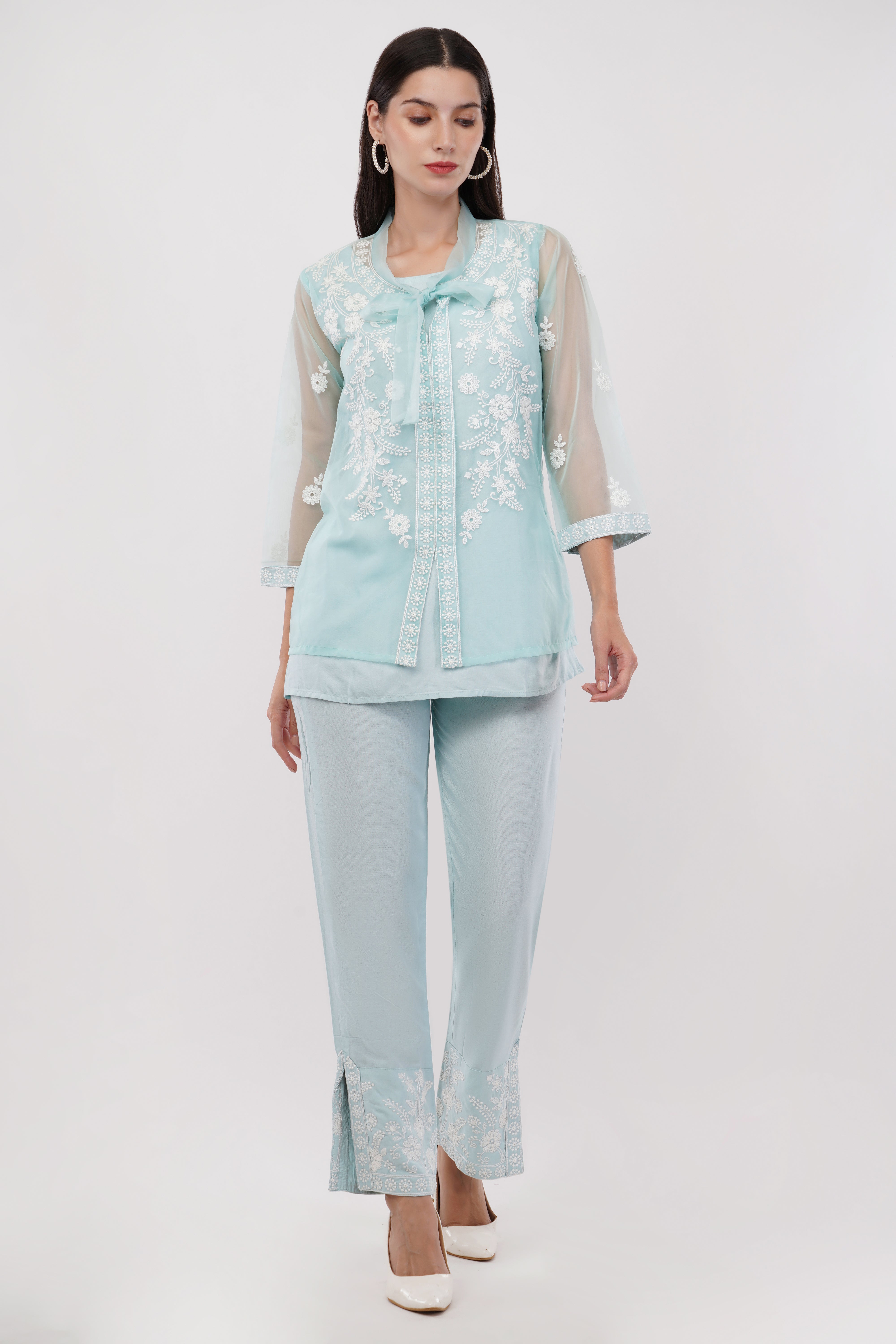 Aqua Green Embroidered Organza Co-Ord Set - Set Of 2