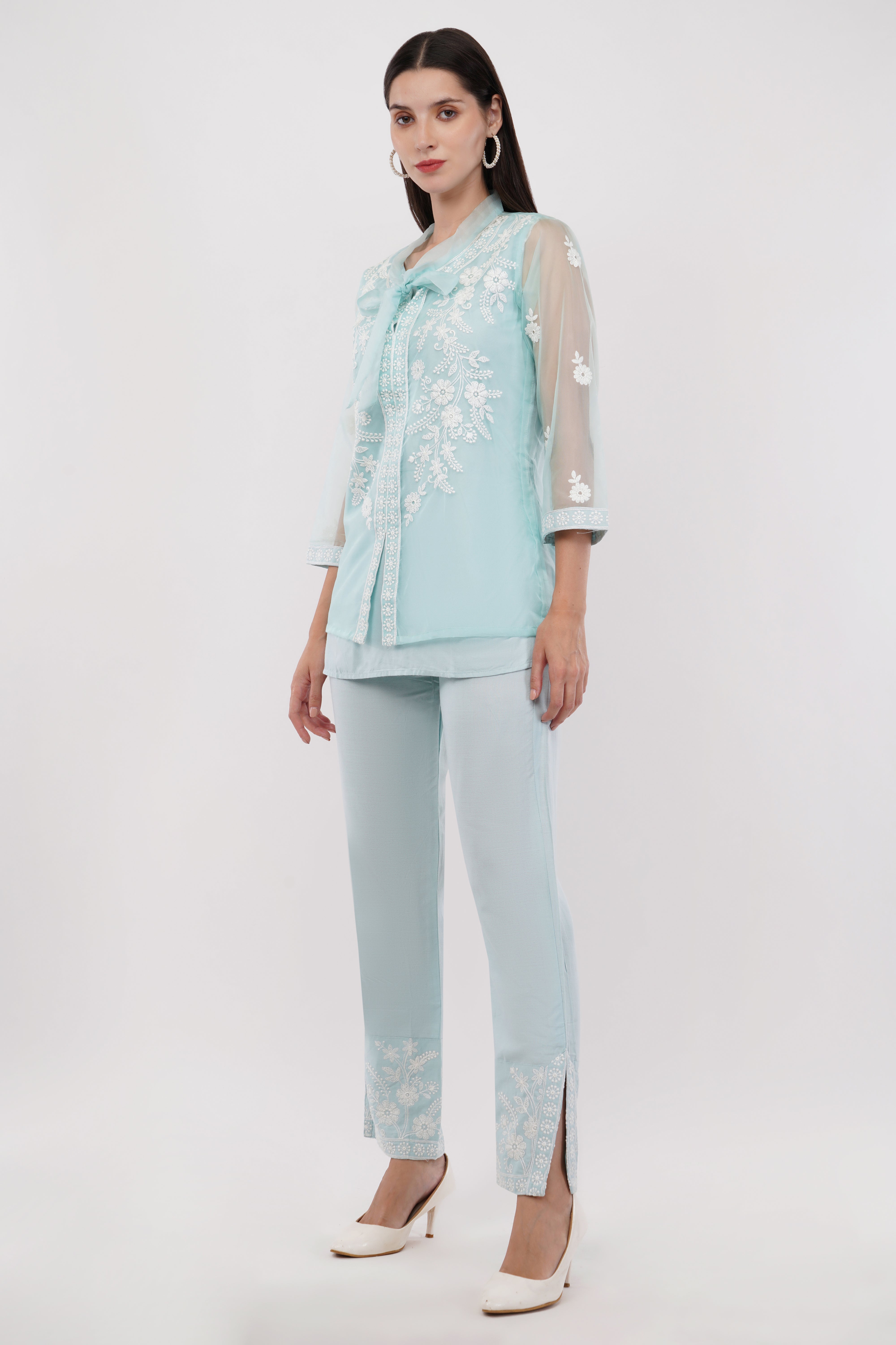 Aqua Green Embroidered Organza Co-Ord Set - Set Of 3