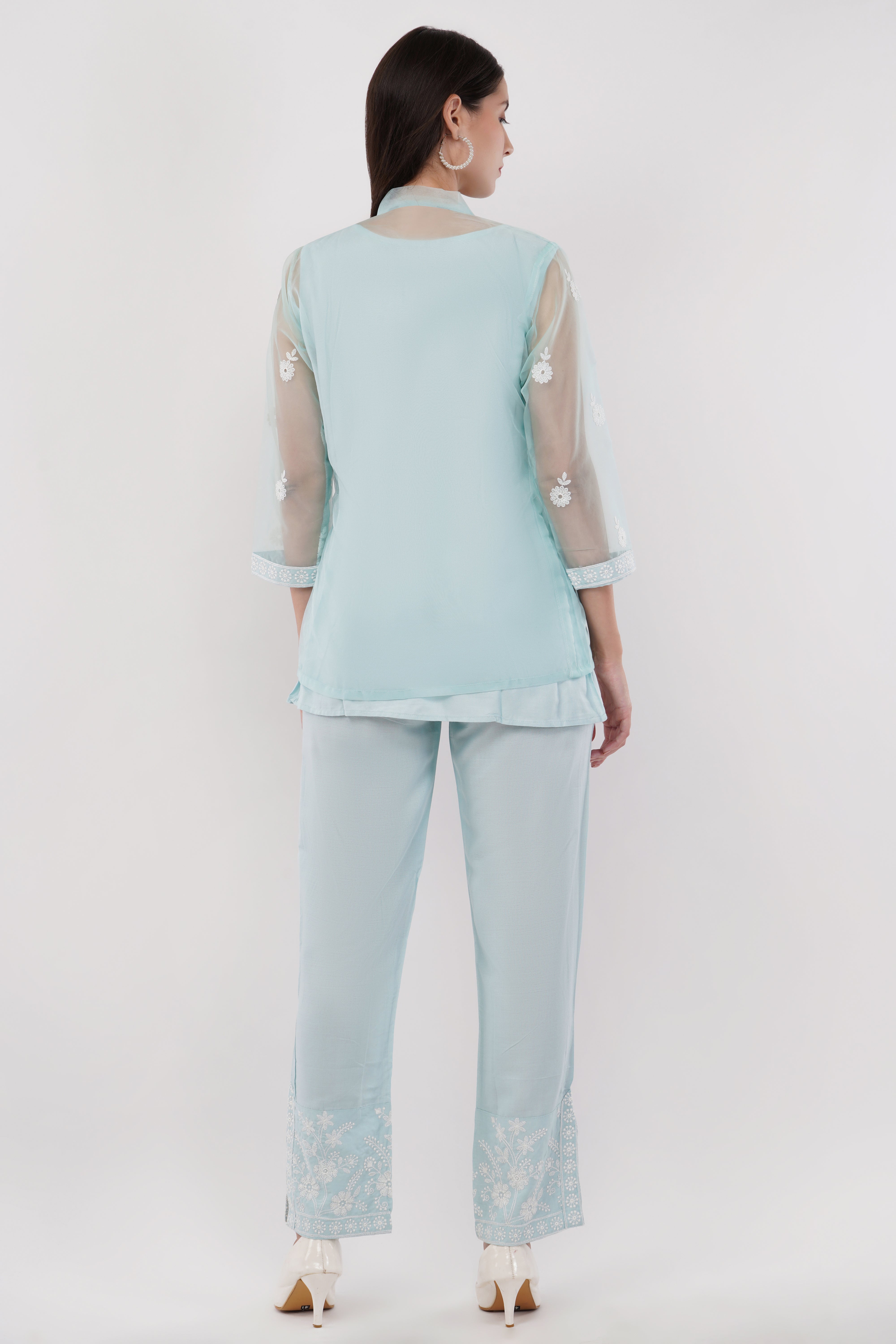 Aqua Green Embroidered Organza Co-Ord Set - Set Of 3