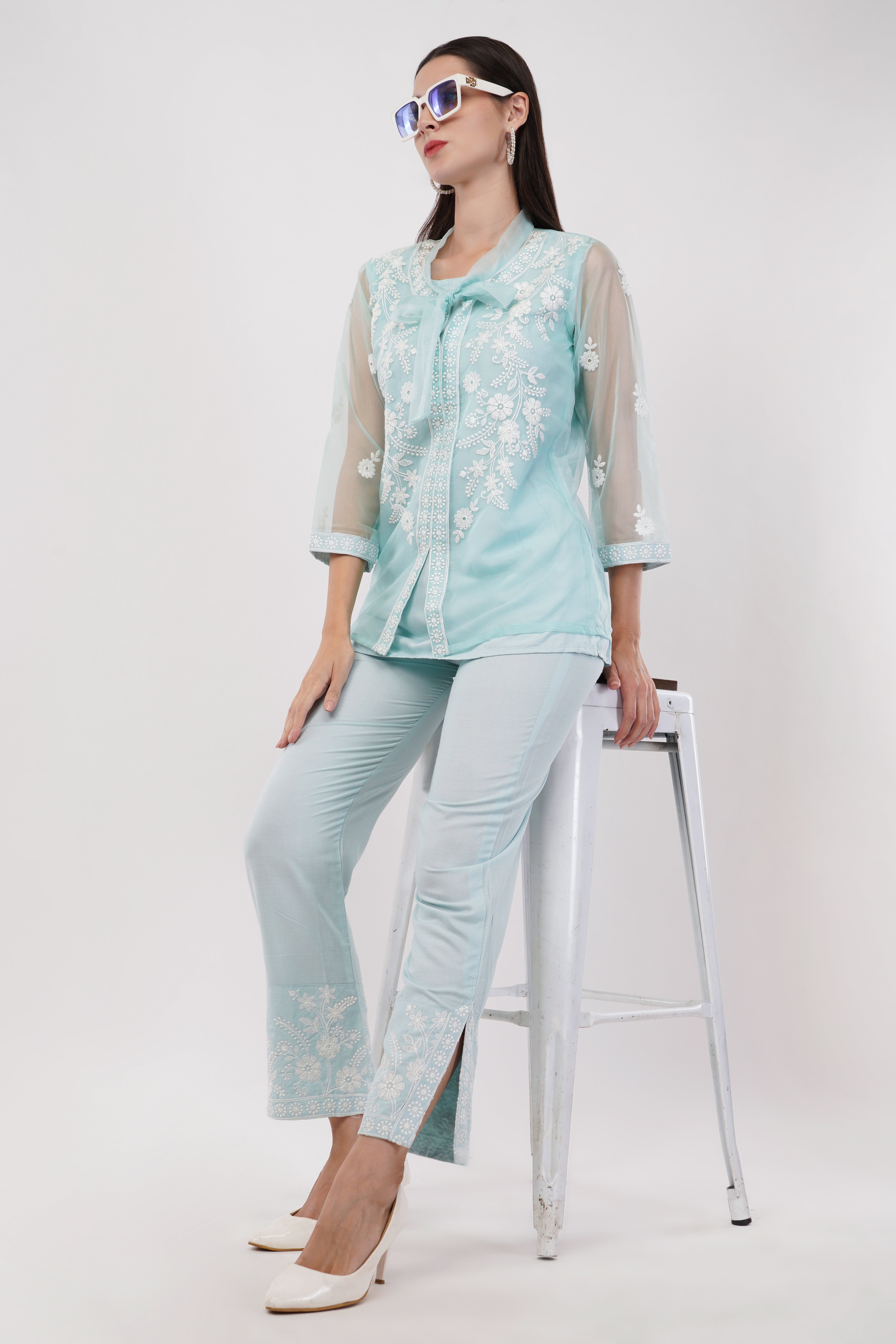 Aqua Green Embroidered Organza Co-Ord Set - Set Of 3