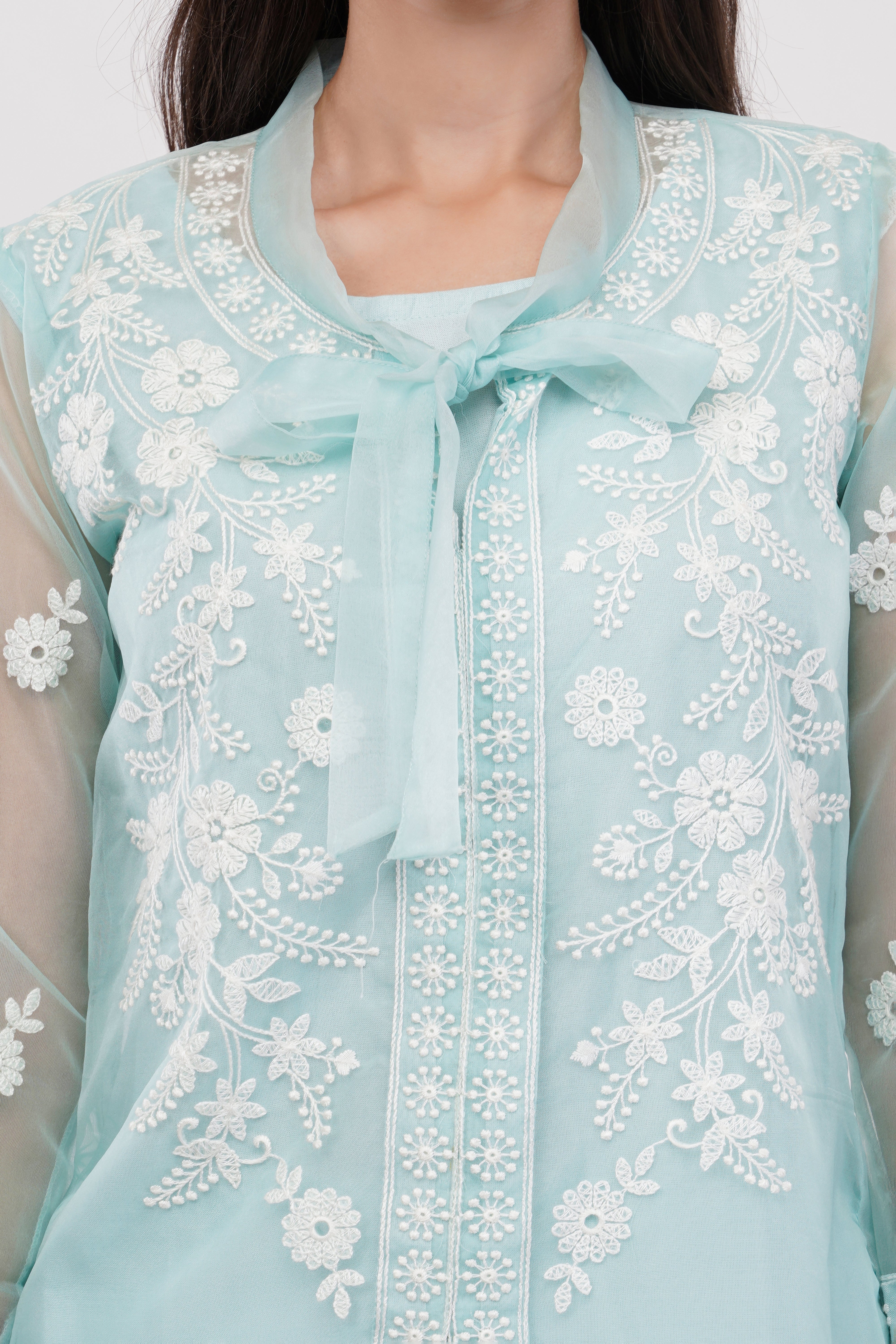 Aqua Green Embroidered Organza Co-Ord Set - Set Of 3