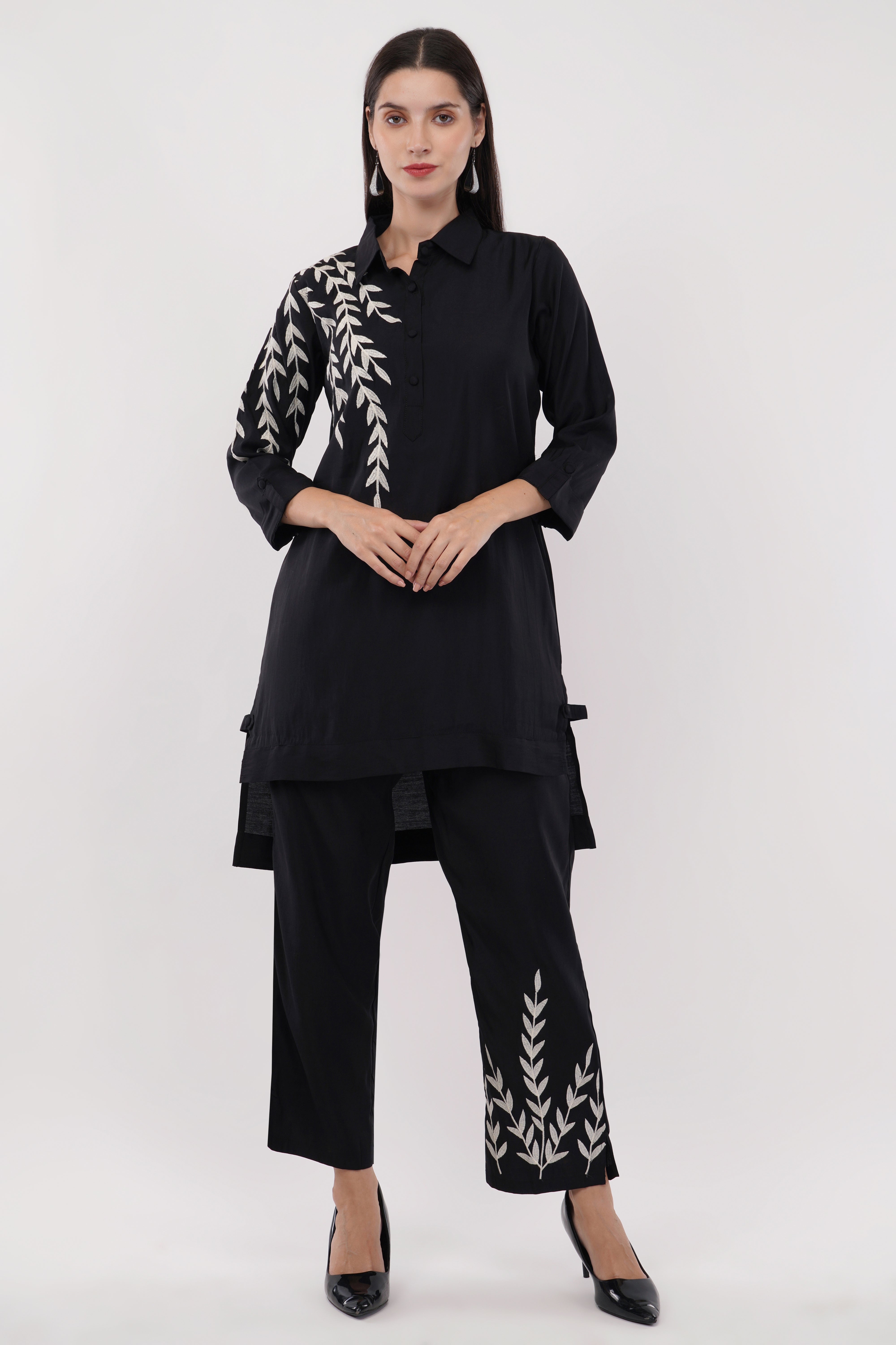 Black Roman Silk Embroidered Shirt Co-Ord Set With Asymmetric Hem  - Set Of 2