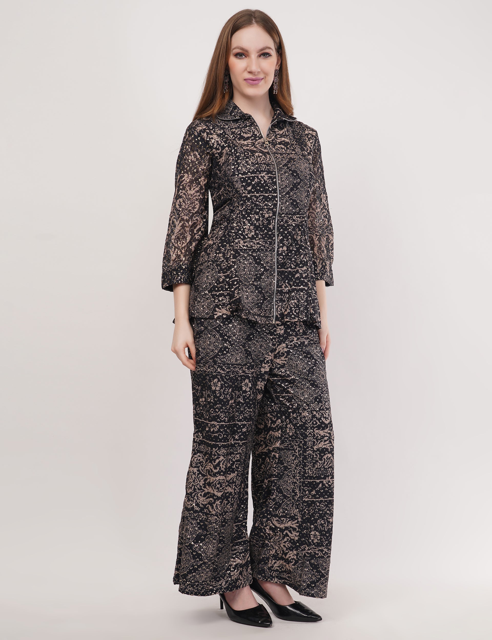 Black Georgette Fabric Printed Co-ord Set - Set of 3