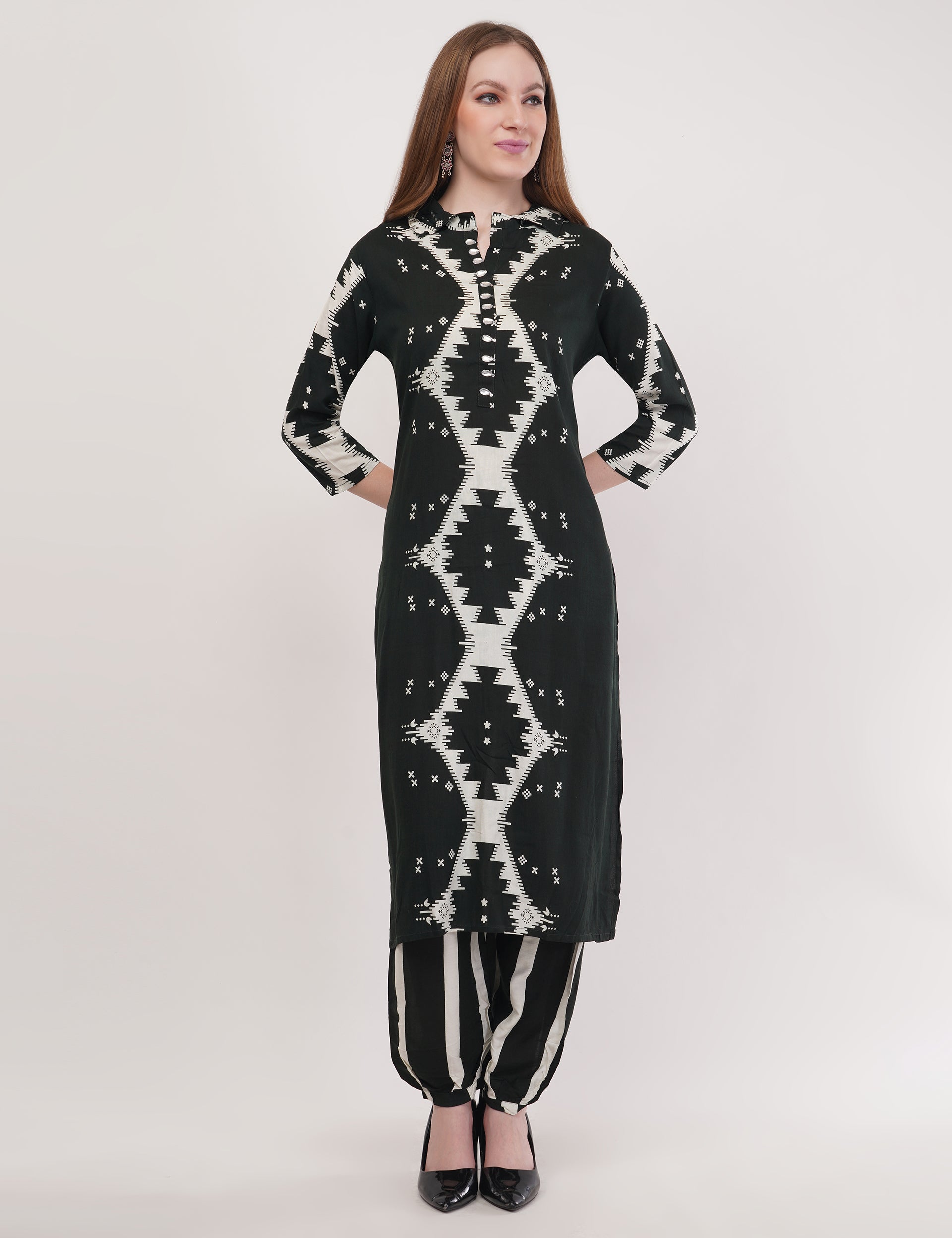 Abstract Print Ethnic Black Co-Ord Set With Embroidered Neck Placket - Set Of 2