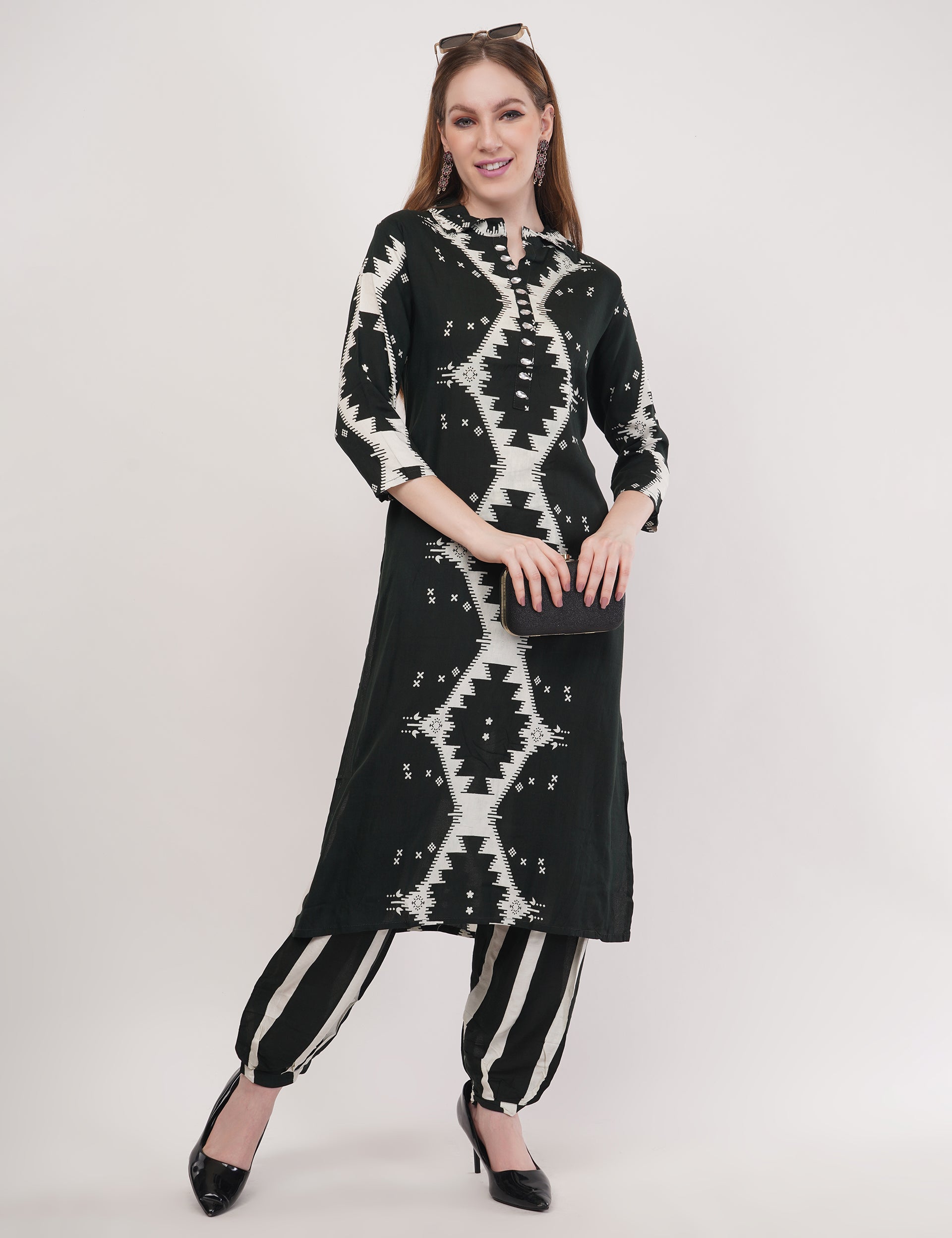 Abstract Print Ethnic Black Co-Ord Set With Embroidered Neck Placket - Set Of 3