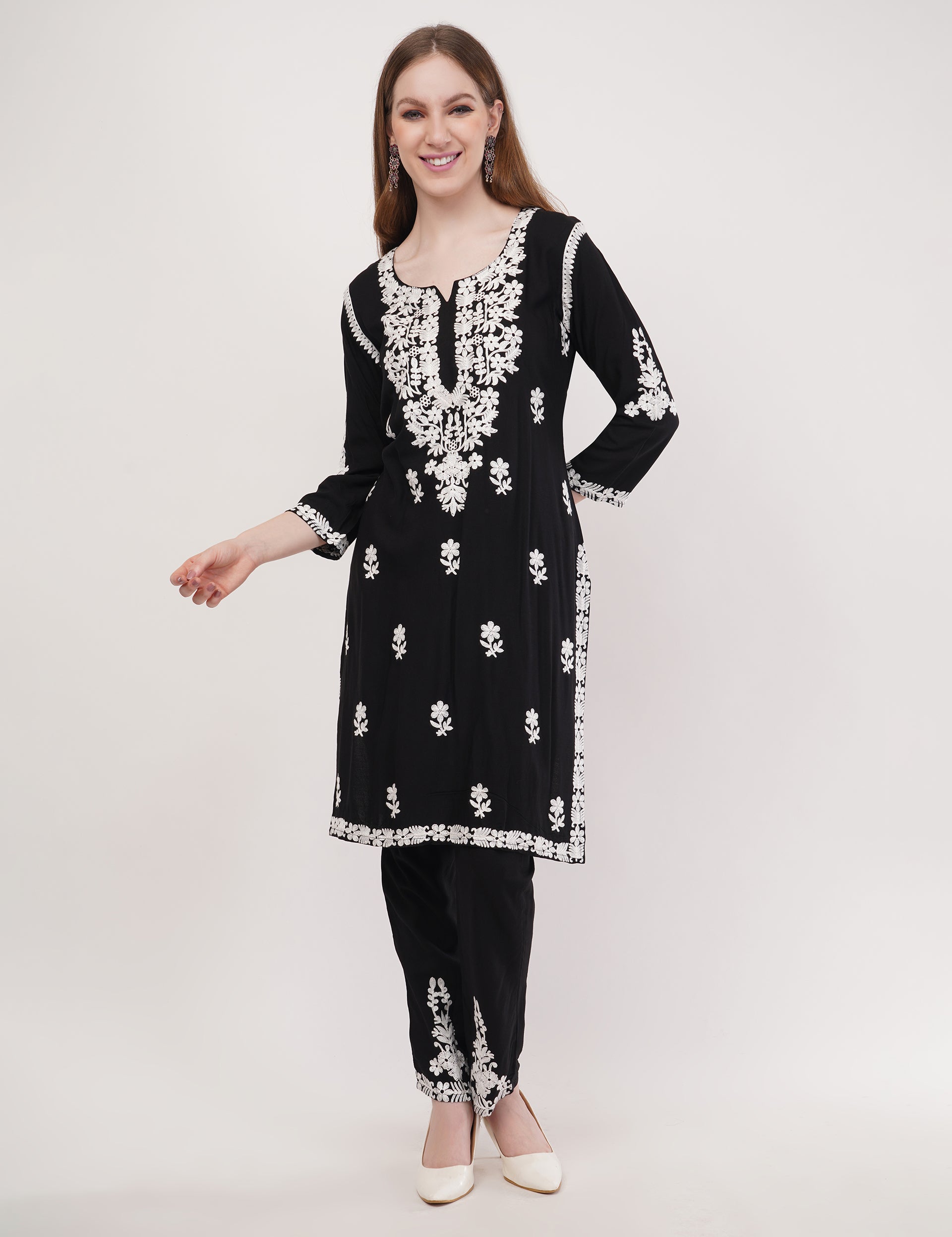 Black Ethnic Kurti Co-Ord Set With White Embroidery - Set Of 2