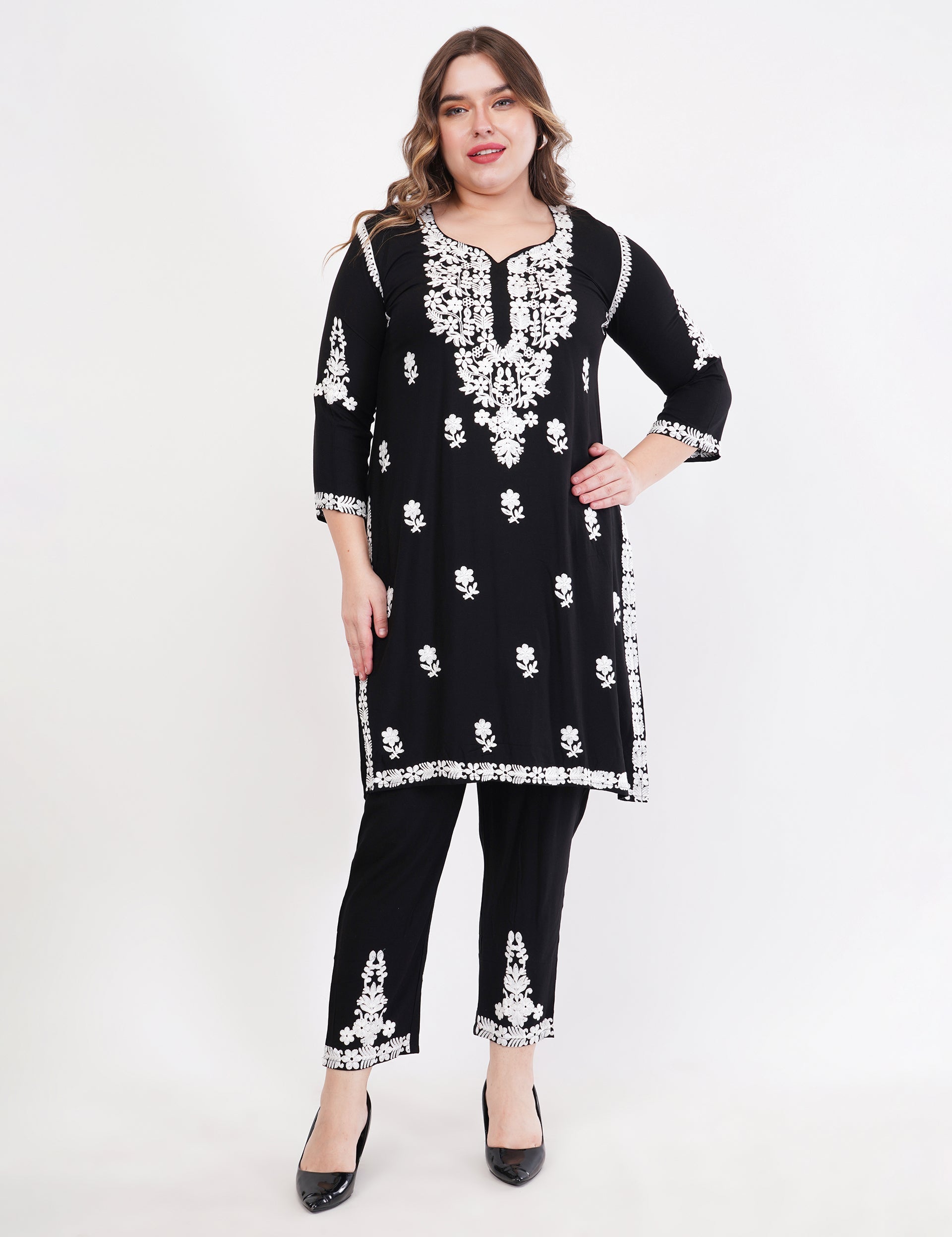 Black Ethnic Kurti Co-Ord Set With White Embroidery - Set Of 3