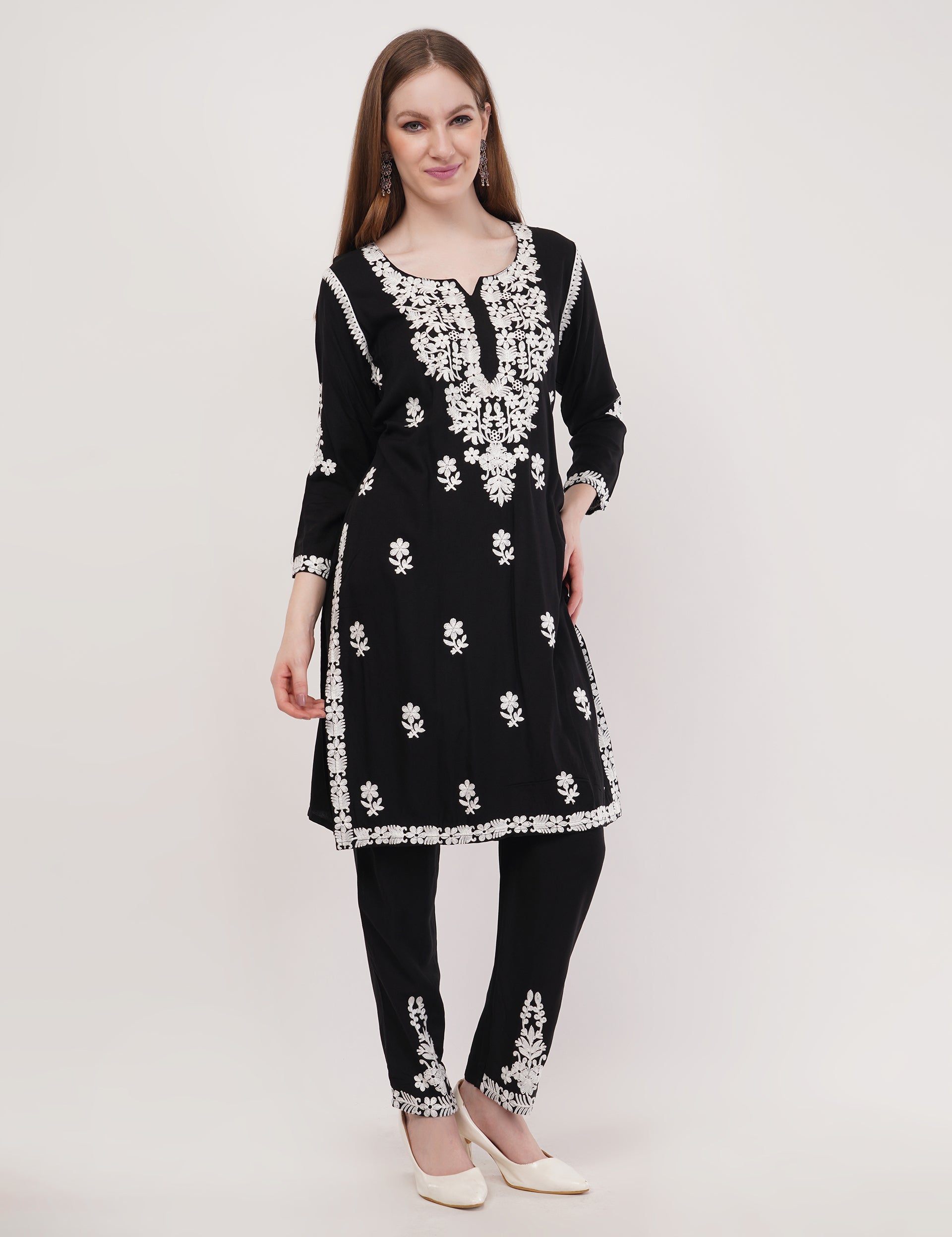 Black Ethnic Kurti Co-Ord Set With White Embroidery - Set Of 2