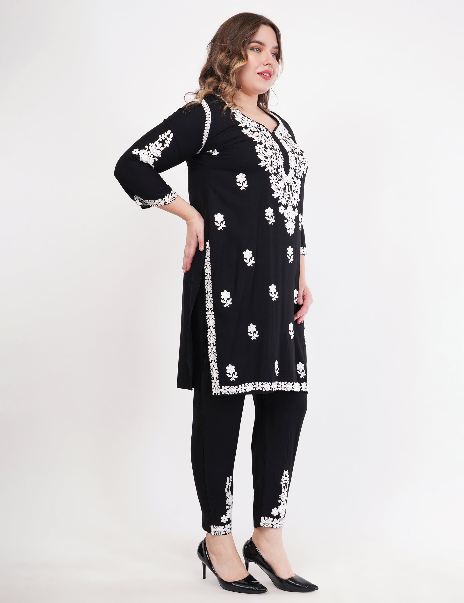 Black Ethnic Kurti Co-Ord Set With White Embroidery - Set Of 3