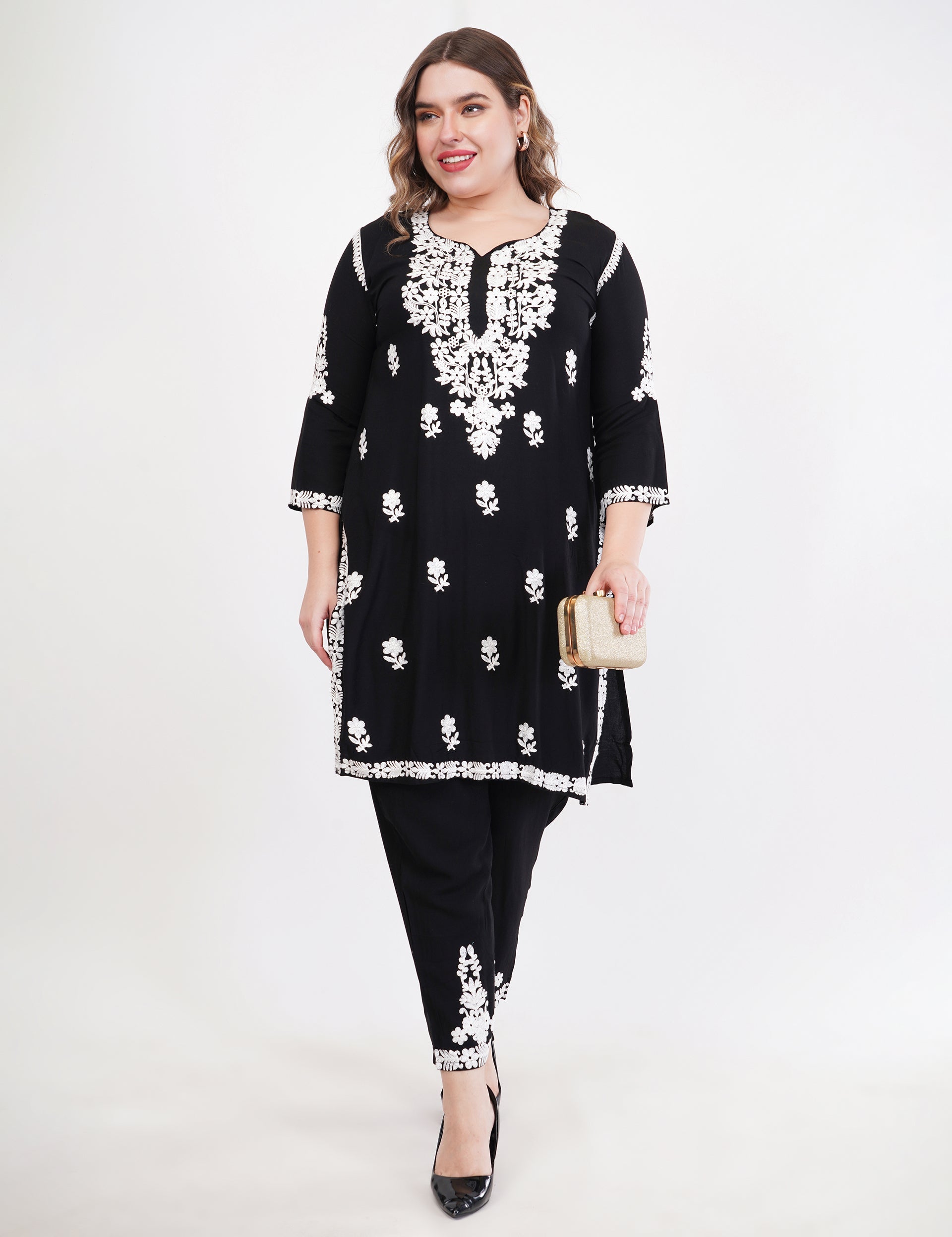 Black Ethnic Kurti Co-Ord Set With White Embroidery - Set Of 2