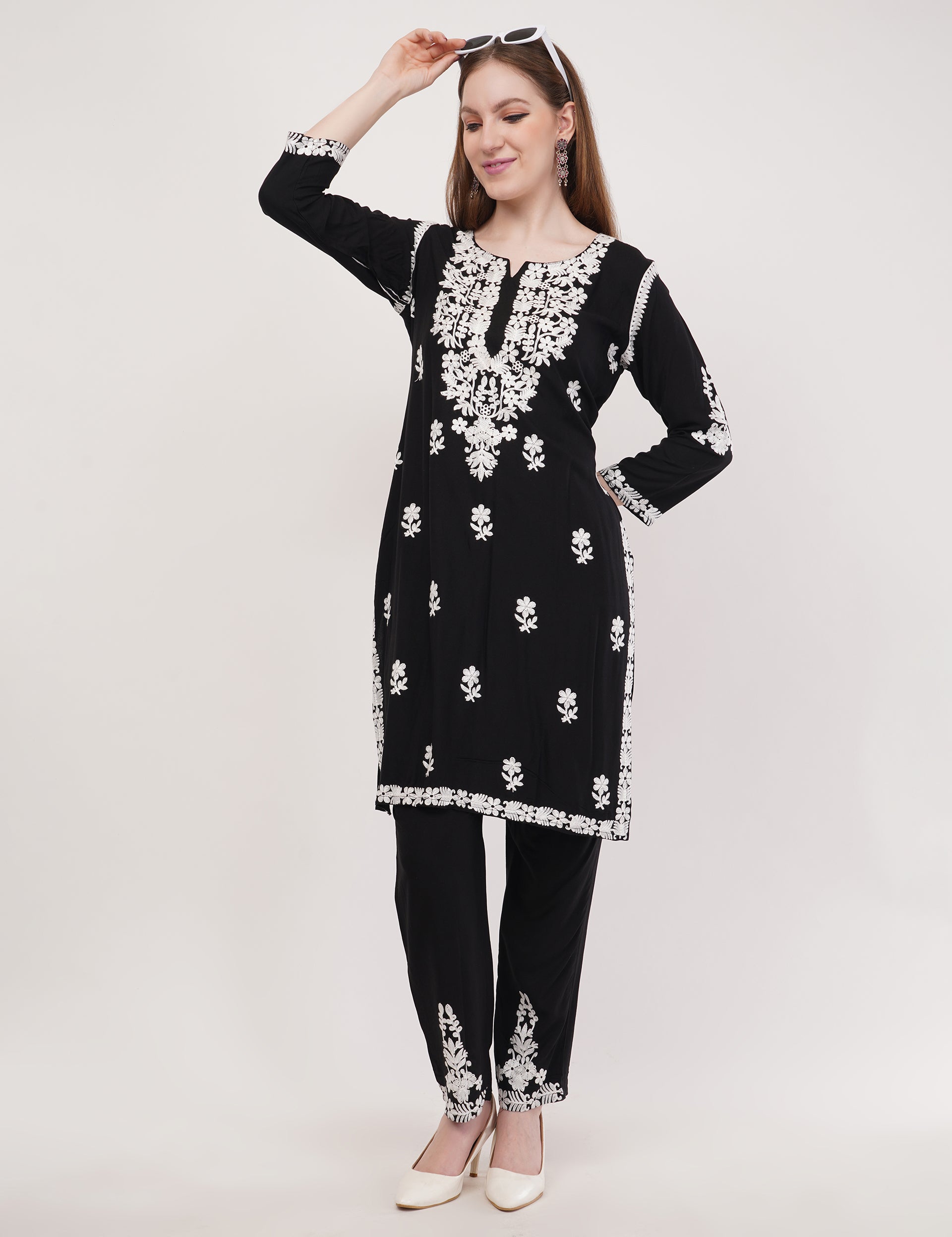 Black Ethnic Kurti Co-Ord Set With White Embroidery - Set Of 2