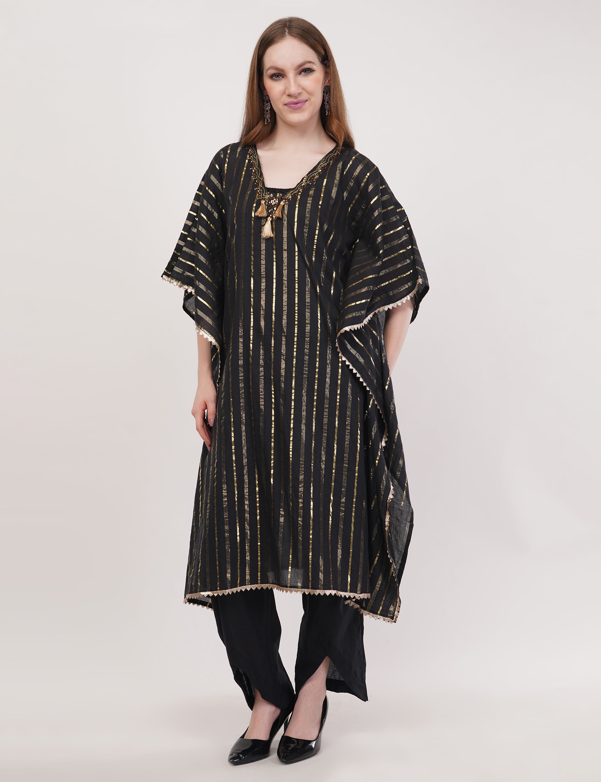 Black Kaftaan Co-Ord Set With Embroidery & Tassel Details - Set Of 2