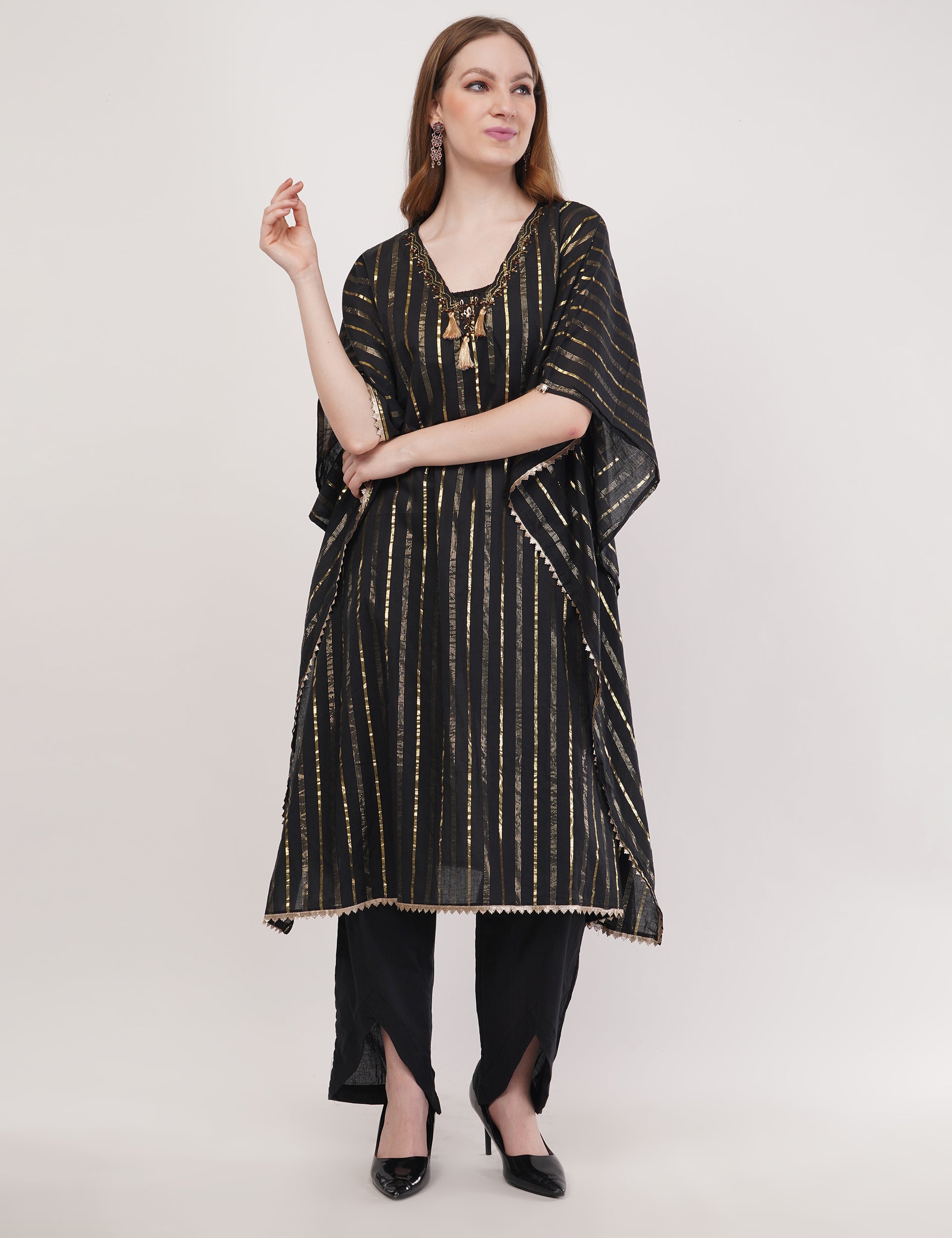 Black Kaftaan Co-Ord Set With Embroidery & Tassel Details - Set Of 2