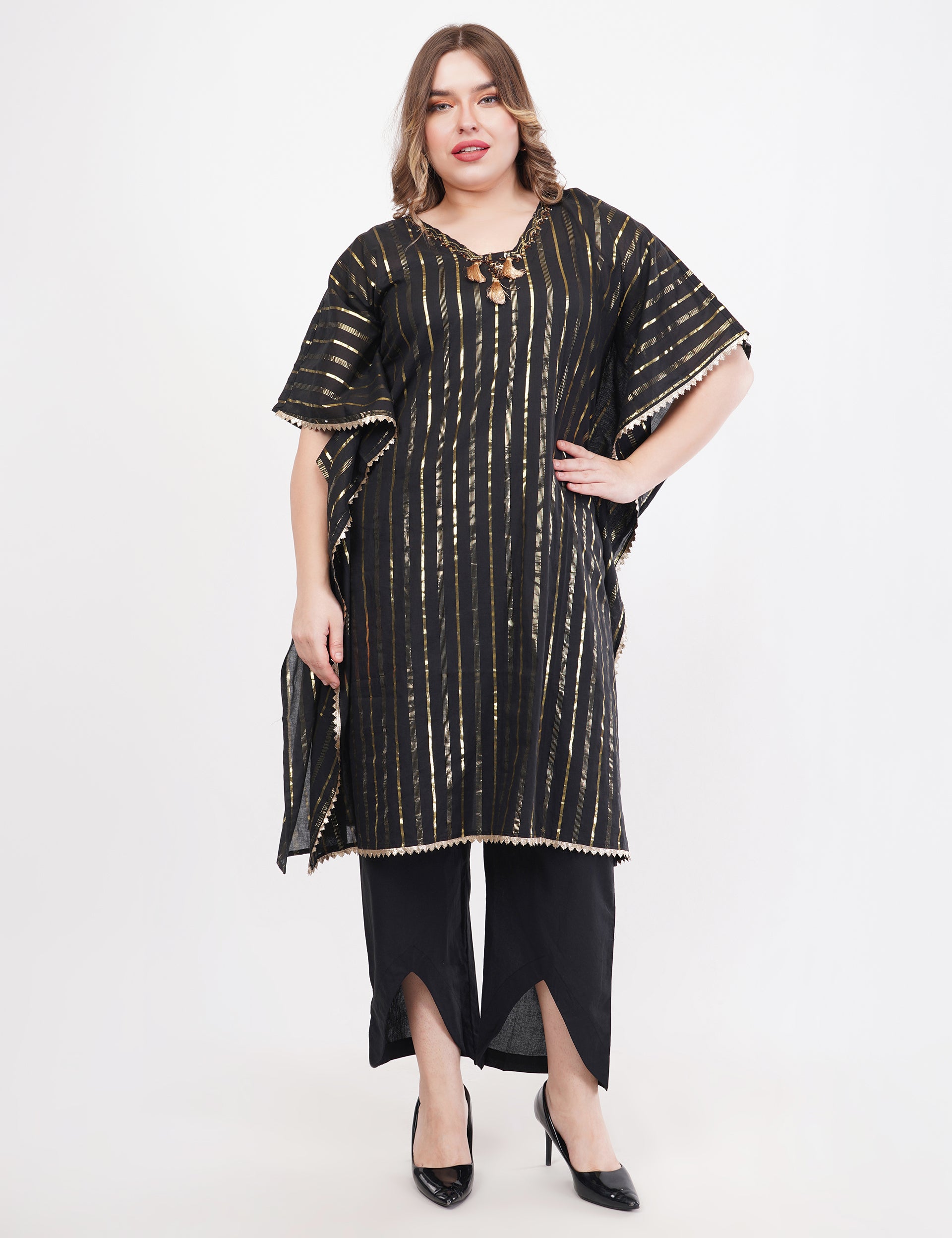 Black Kaftaan Co-Ord Set With Embroidery & Tassel Details - Set Of 3