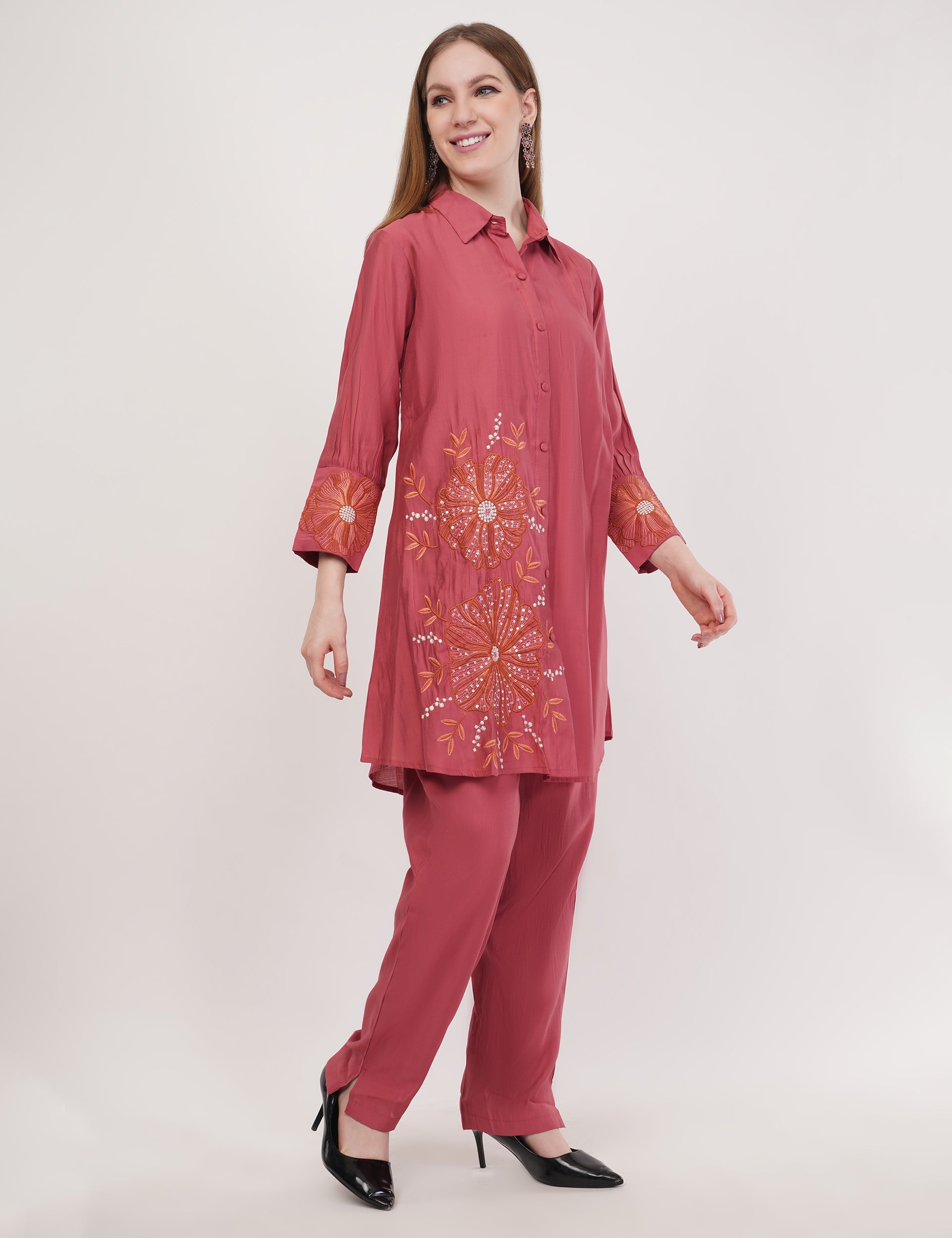 Dusty Rose Roman Silk Embroidered Shirt Co-Ord Set With Asymmetric Hem  - Set Of 3