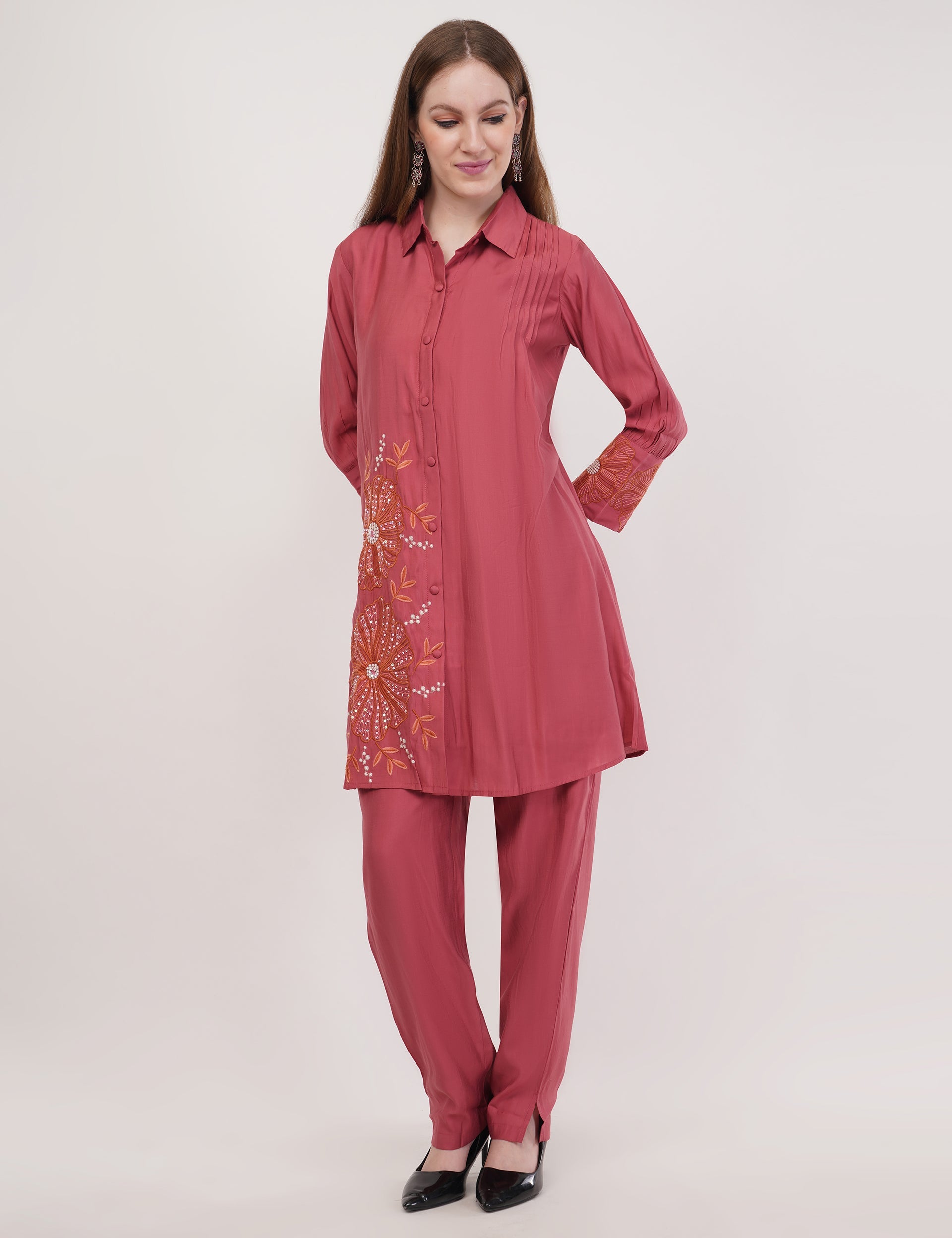 Dusty Rose Roman Silk Embroidered Shirt Co-Ord Set With Asymmetric Hem  - Set Of 3